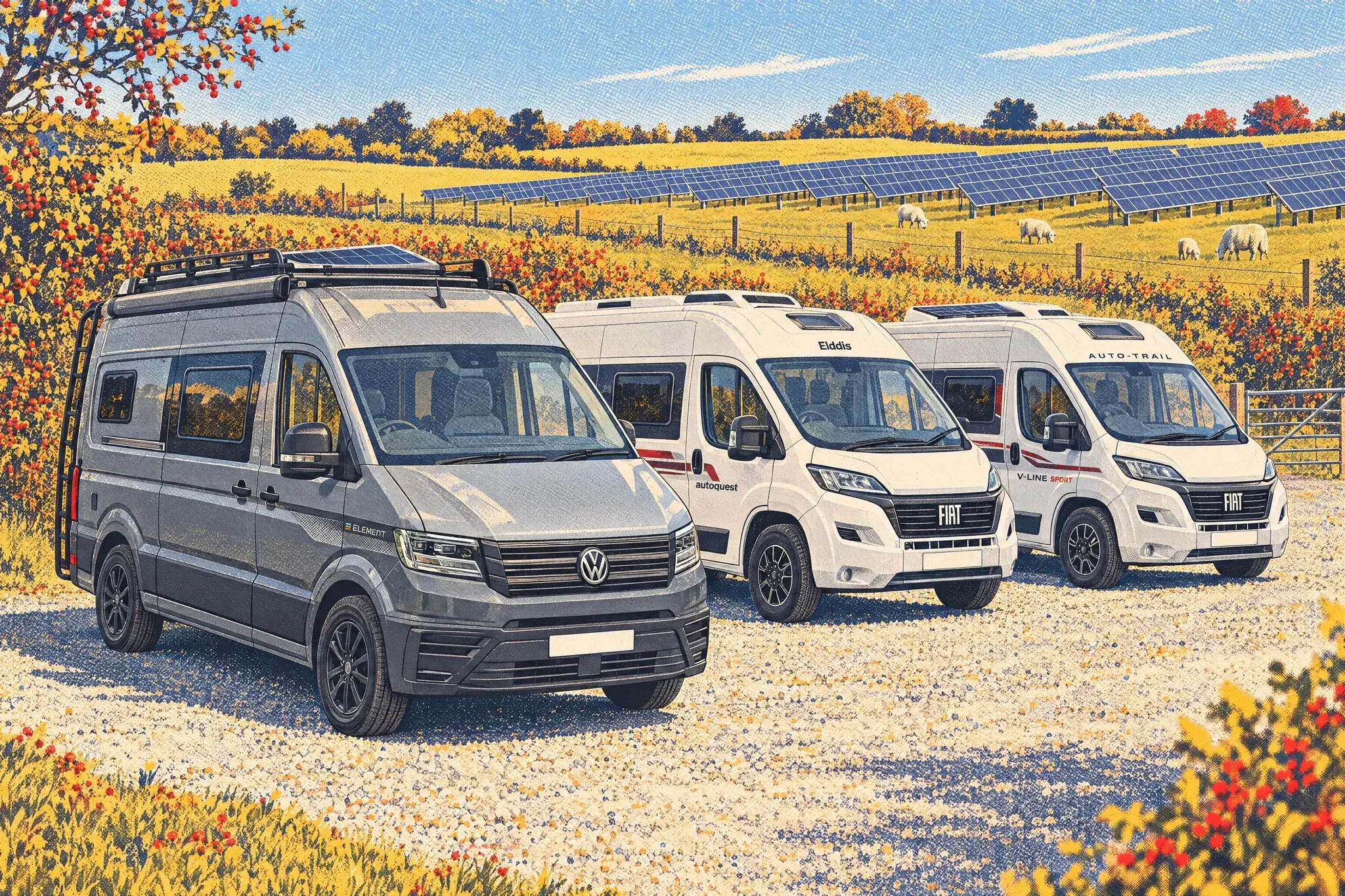 Three campervans, an Atom Element 600 B, an Elddis Autoquest GTV 260 and an Auto-Trail V-Line 610 Sport, parked side by side beside a solar farm on a bright autumn morning.