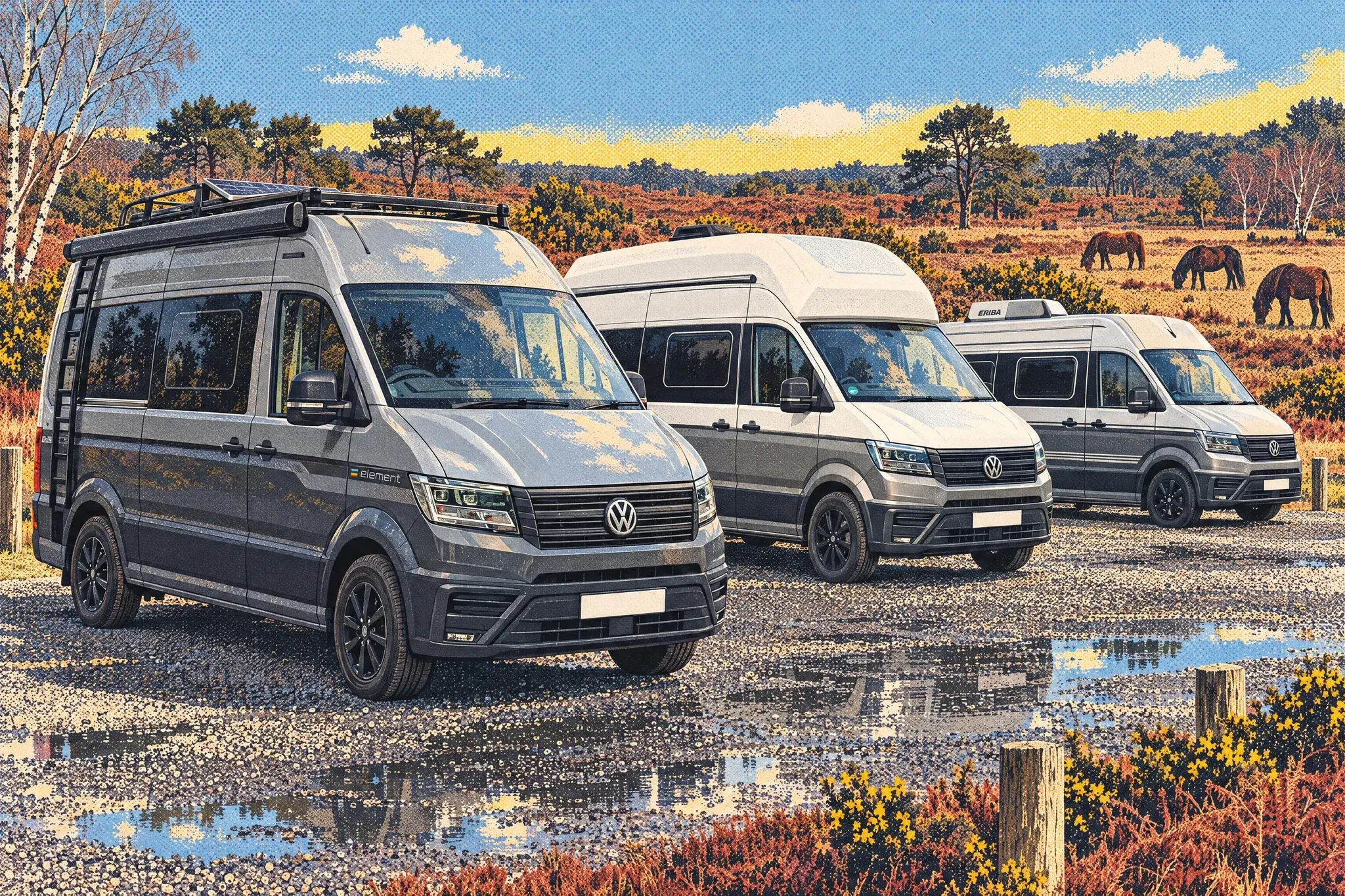 Atom Element 600 G, VW Grand California 600 and Eriba Car 602 campervans parked side by side on New Forest heath on a bright winter morning, ponies grazing behind.