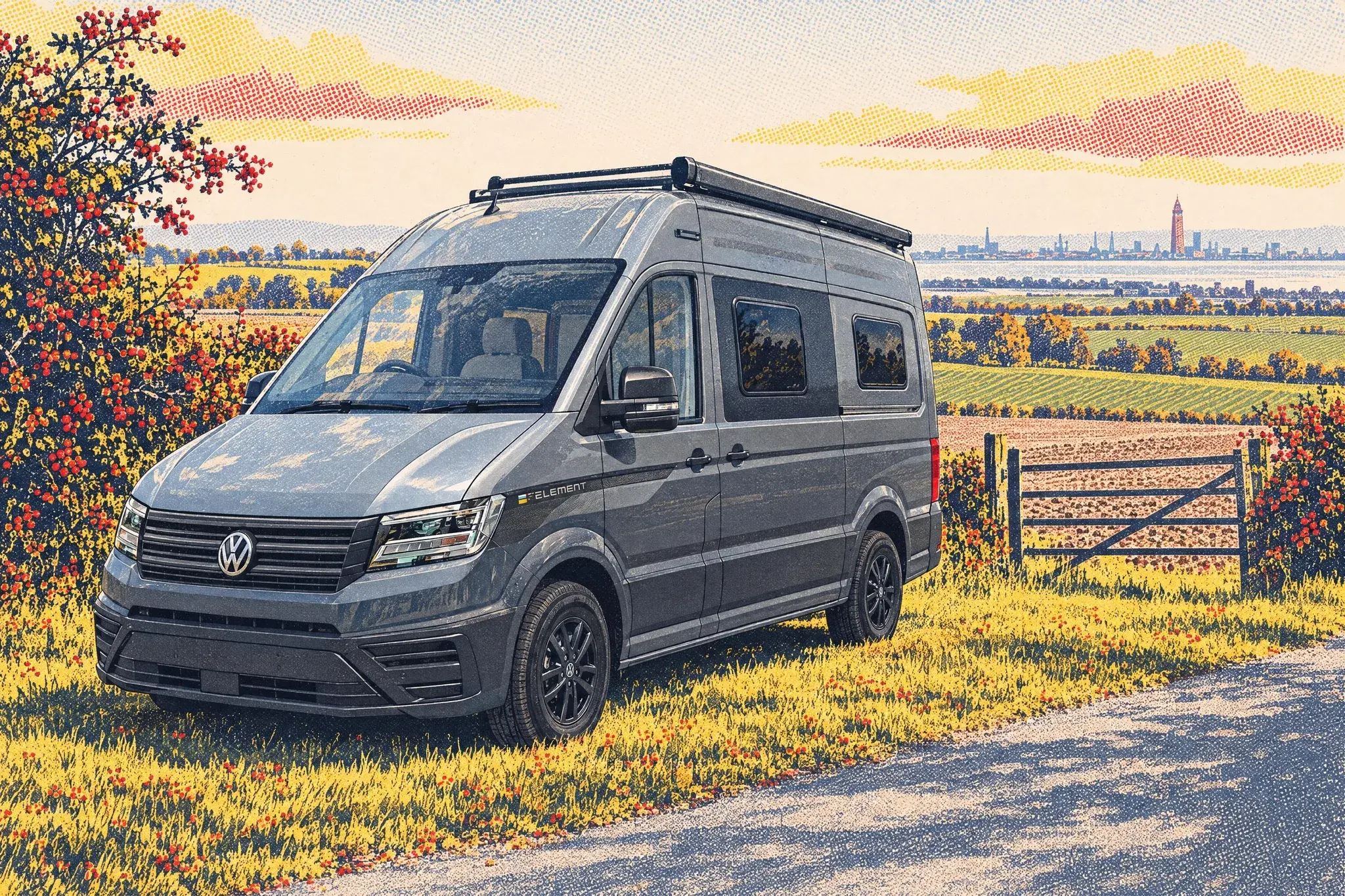 An Atom Element 600 B VW Crafter campervan on a Lincolnshire Wolds lane on a bright October afternoon, with Grimsby's Dock Tower far beyond.