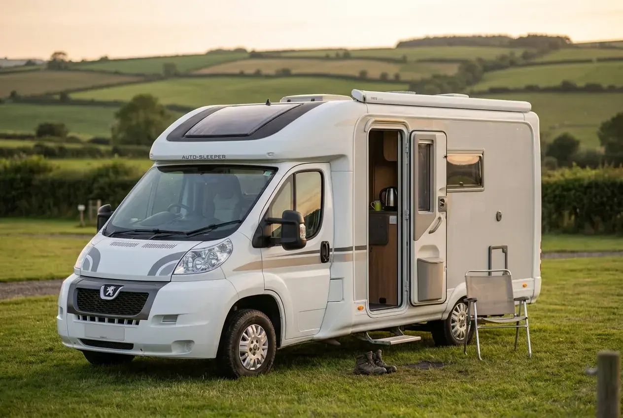 An Auto-Sleeper motorhome parked on a grassy UK campsite pitch in evening light with its side door open and a chair and boots beside the step.