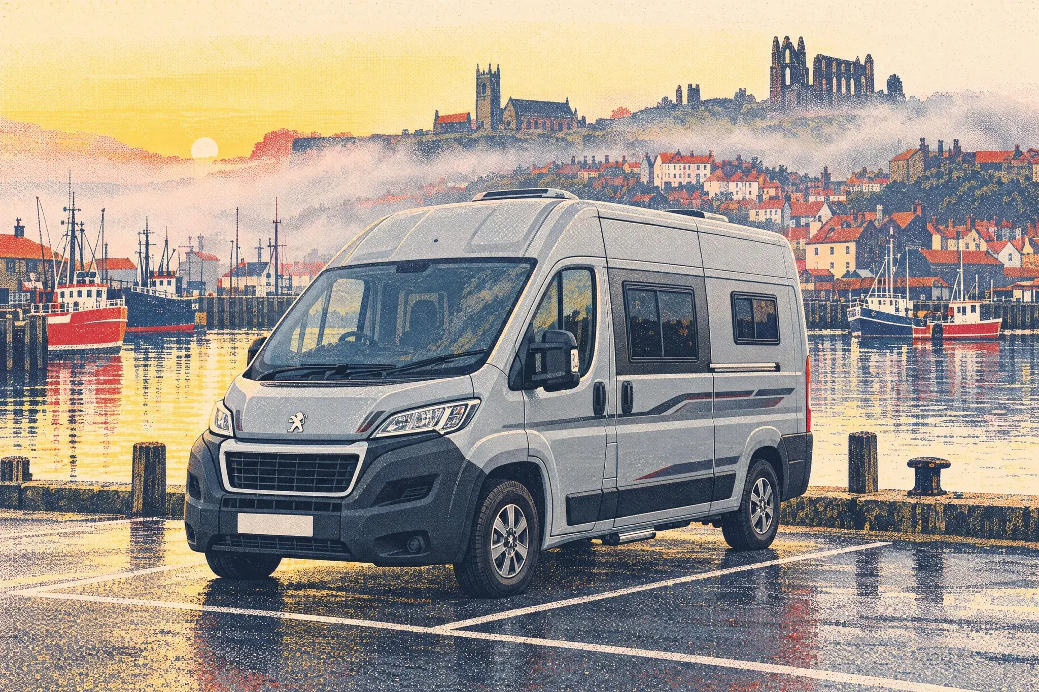 An Auto-Sleepers Symbol campervan in Whitby's harbourside car park at misty dawn, with fishing boats, red-roofed cottages and Whitby Abbey on the cliff behind.