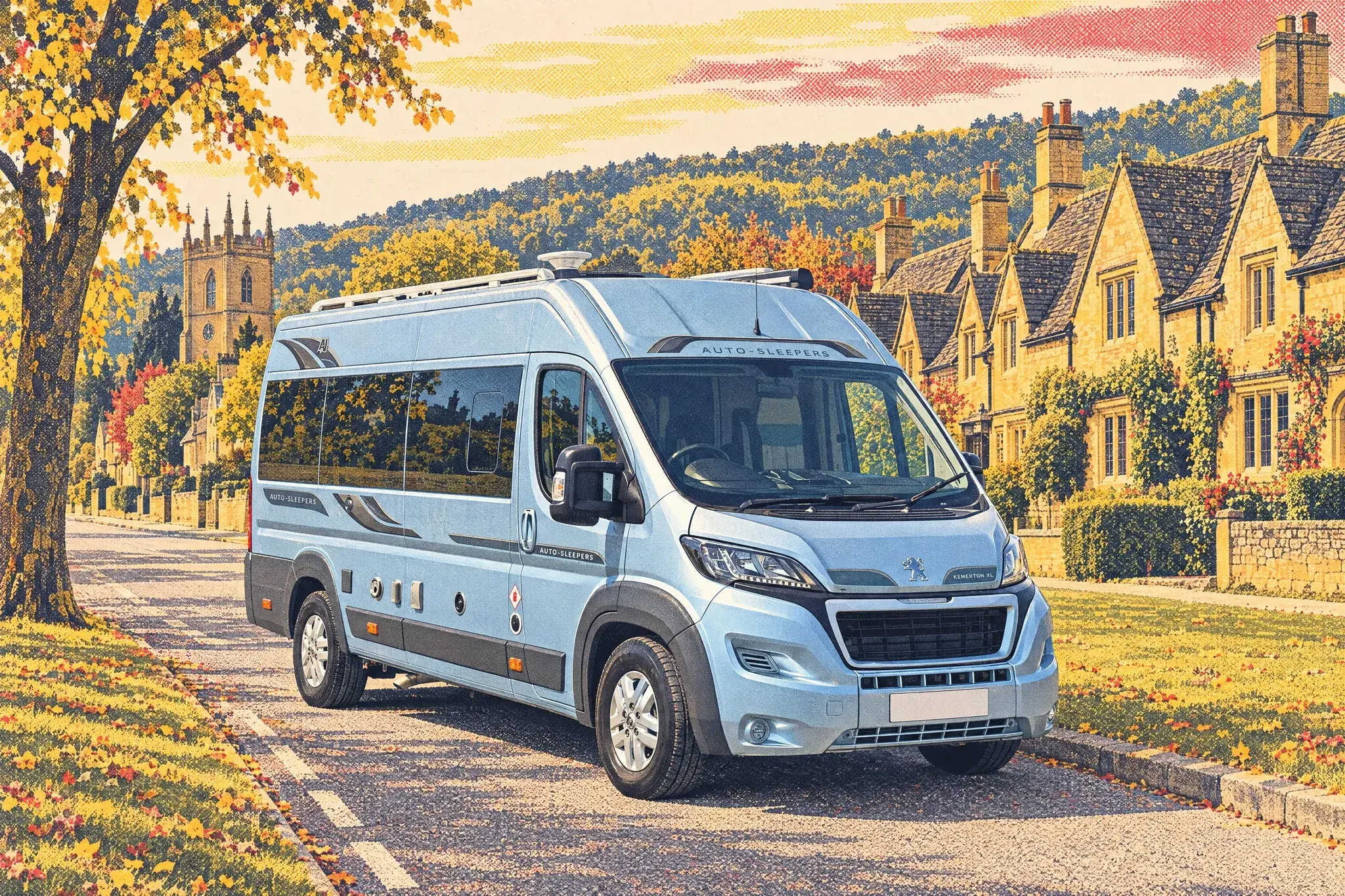 An Auto-Sleepers Kemerton XL high-roof van conversion parked on the tree-lined, honey-stone High Street of Broadway in the Cotswolds on a mellow September afternoon.