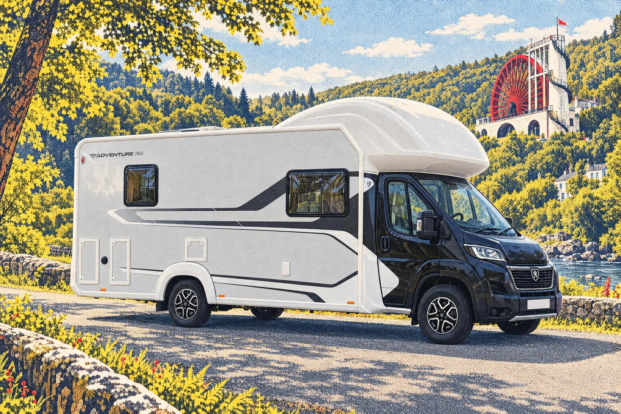 Illustration of a 2027 Auto-Trail Adventure 76G overcab motorhome on a Peugeot Boxer in Laxey Glen, Isle of Man, with the Great Laxey Wheel behind on a bright summer morning.