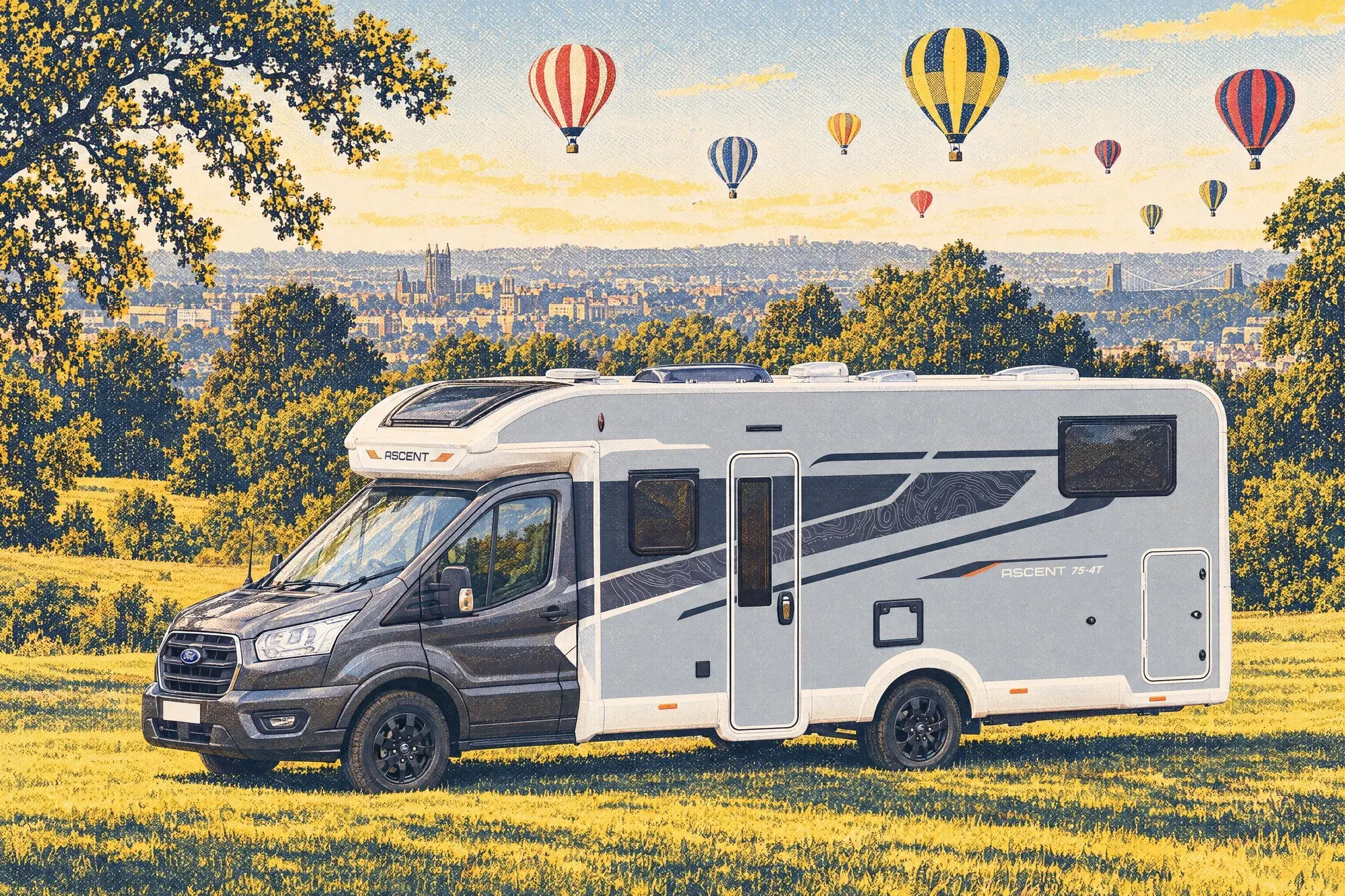 A Bailey Ascent 75-4T motorhome on a grey Ford Transit cab stands on the grass at Bristol's Ashton Court as colourful hot-air balloons rise into the evening sky.
