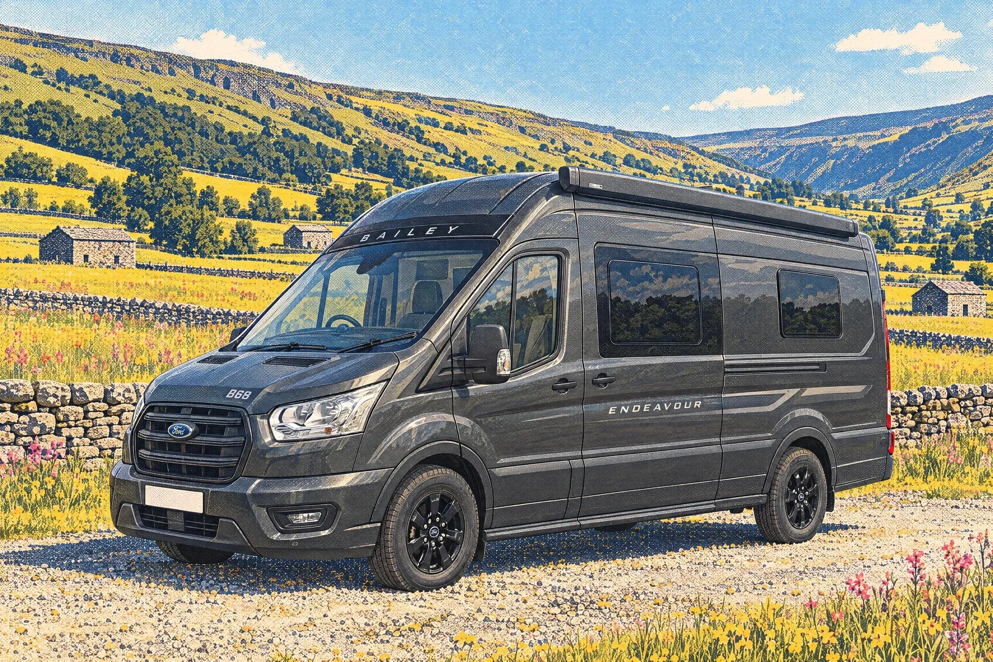 Illustration of a Magnetic Grey Bailey Endeavour B68 Ford Transit high-roof campervan by a drystone wall above Swaledale's buttercup hay meadows on a bright July morning.