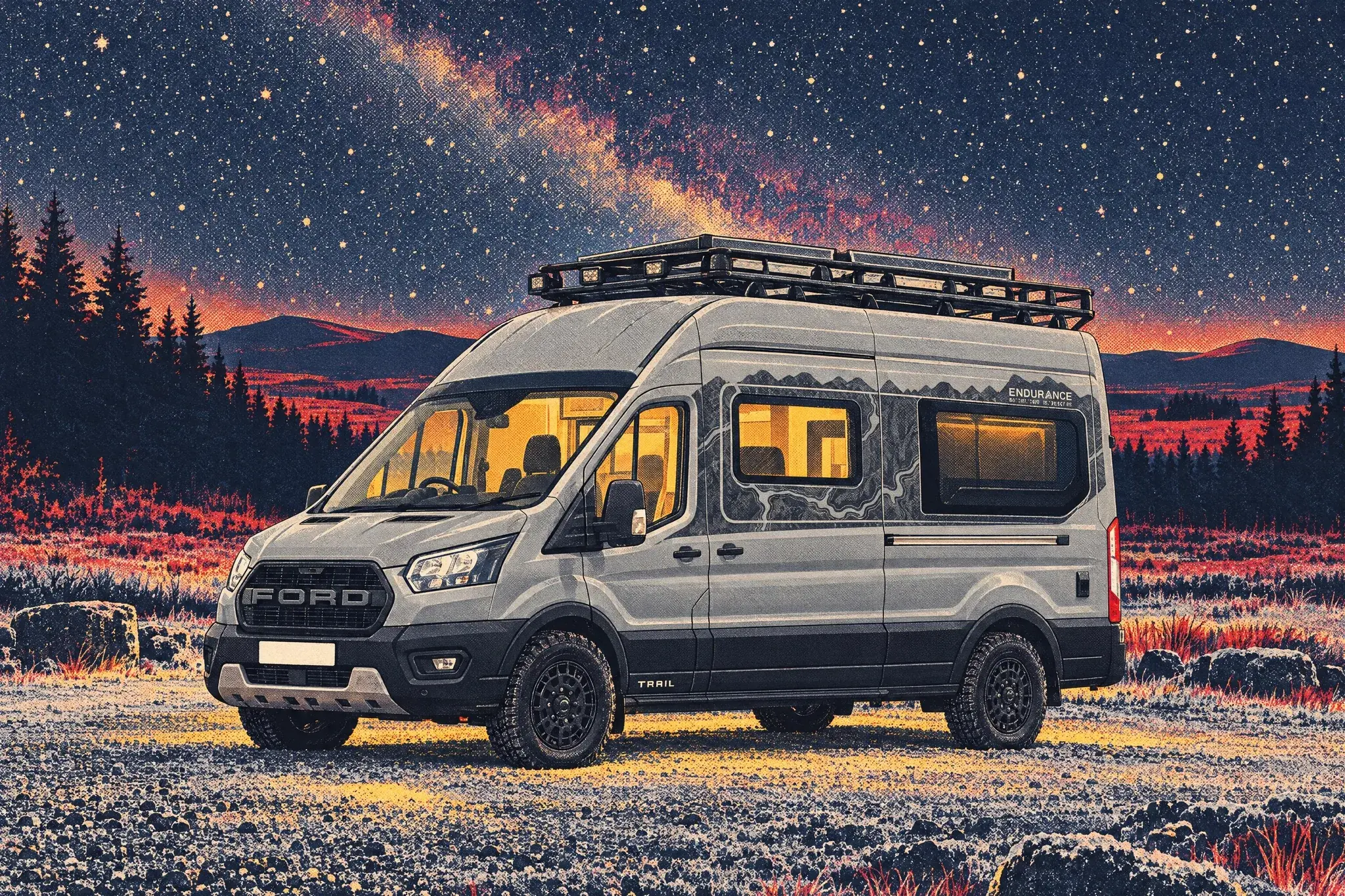 Illustration of a grey Bailey Endurance E65 campervan with a roof rack and solar panels, its windows glowing, in a frosty Davagh Forest car park under a starry sky.