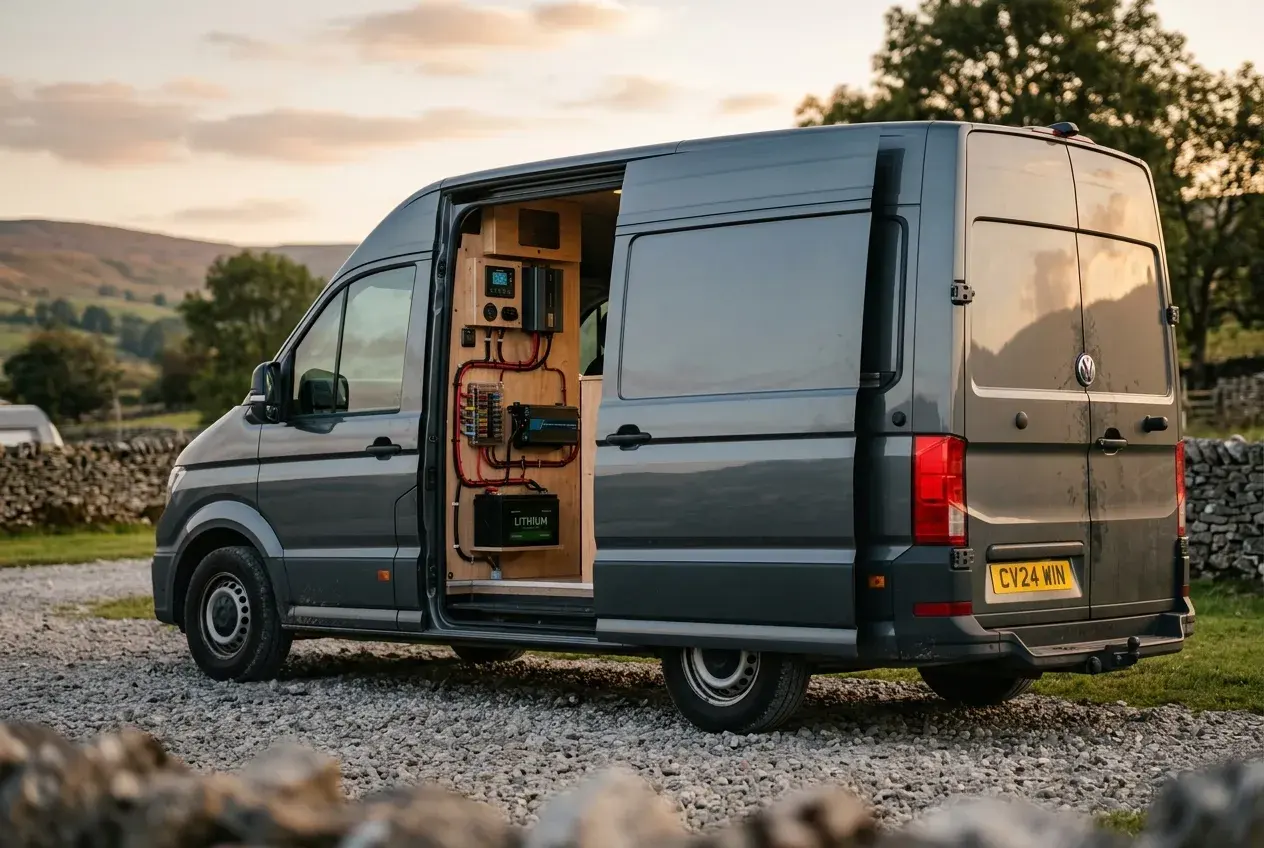 Open side door of a modern campervan revealing an installed electrical system with leisure battery, fuse board and control panel, lit by evening light.