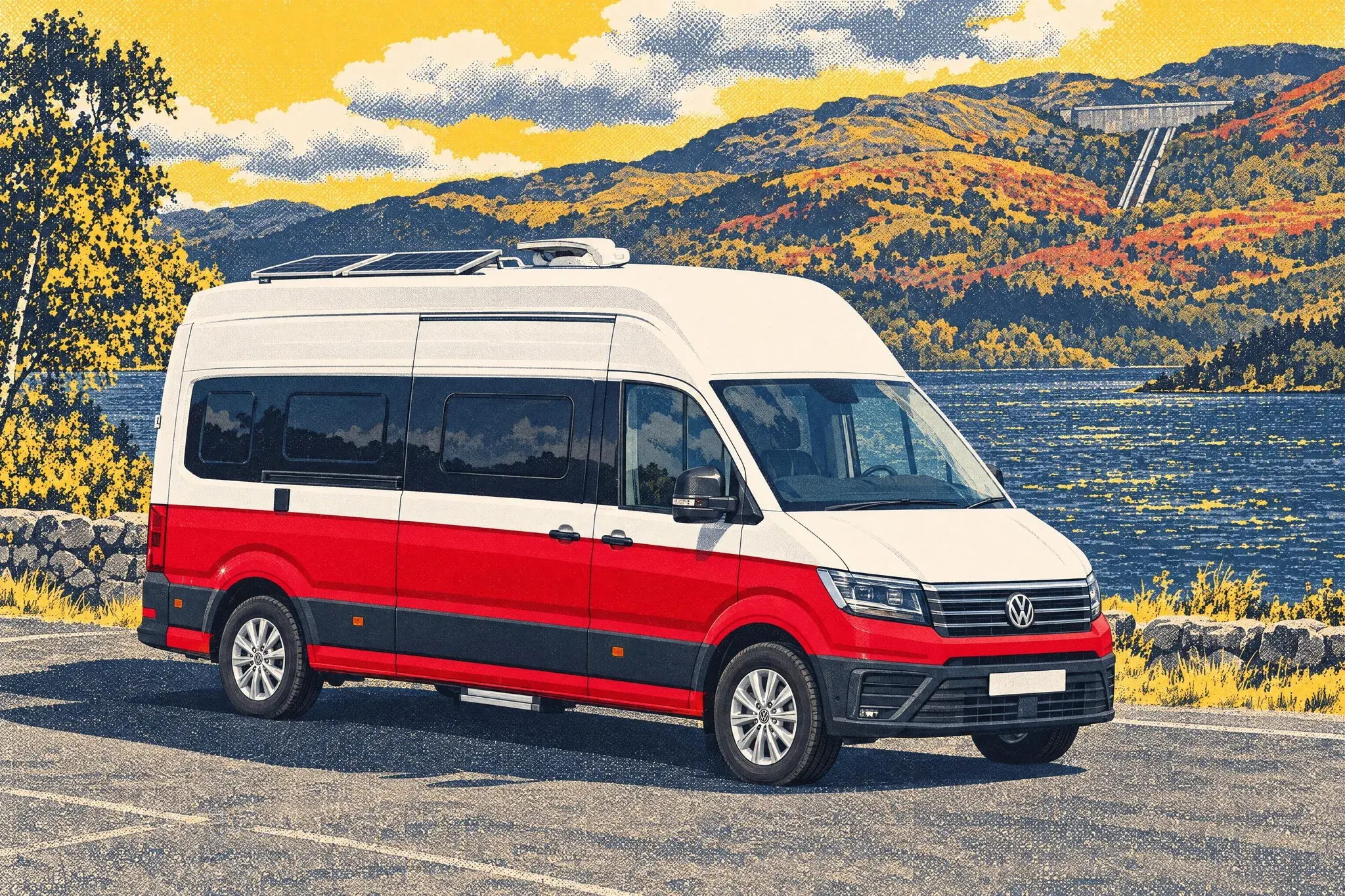 Illustration of a Volkswagen Grand California 600 with two solar panels on its roof, parked by Loch Awe at Cruachan Power Station on a bright, breezy September afternoon.
