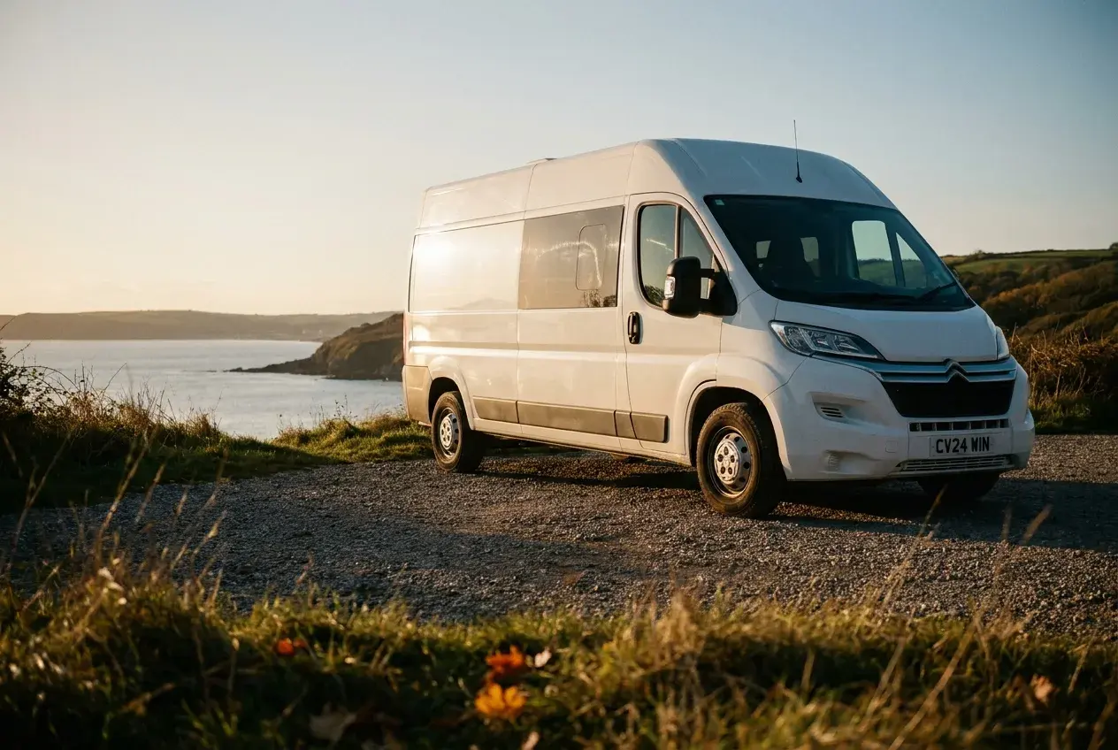 A modern white panel-van campervan parked on a grassy coastal pitch in warm low evening sunlight, with long shadows on the gravel.