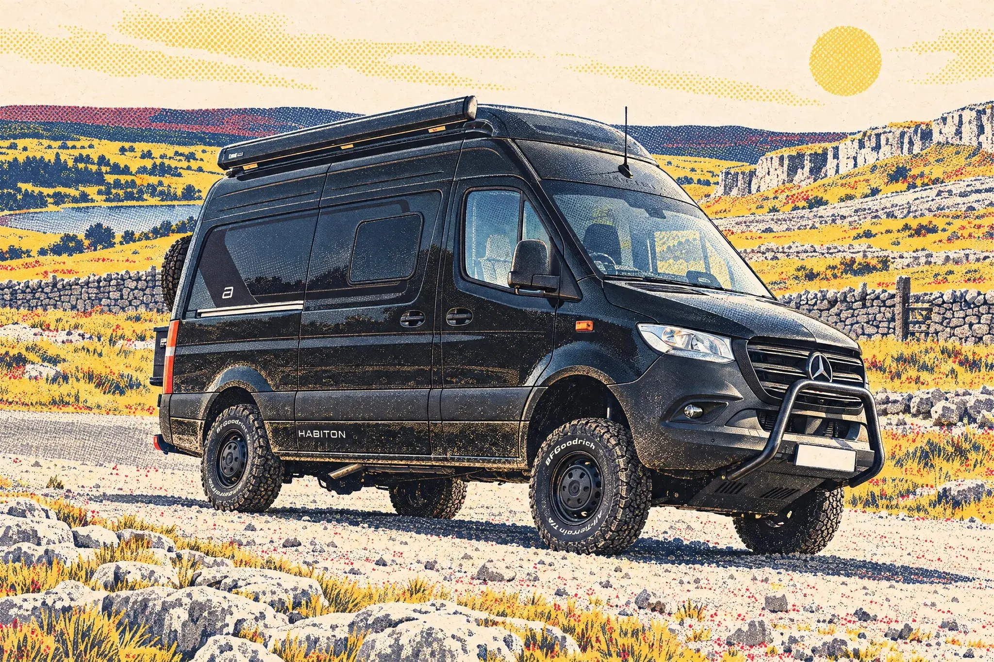 Side view of a black Bürstner Habiton X 4x4 campervan, pale dust on its lower panels, glaring in harsh midday sun among white limestone outcrops at Malham Lings, Yorkshire Dales.