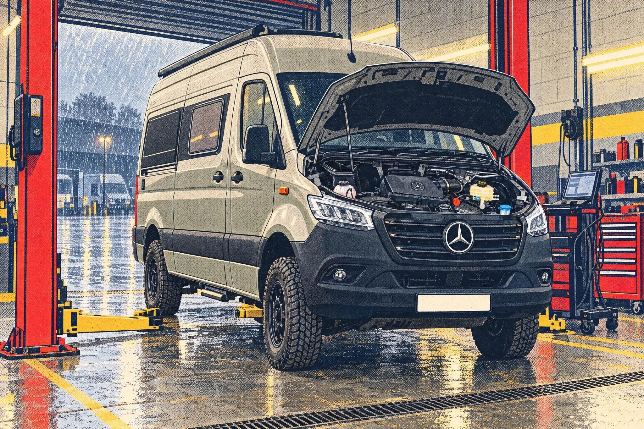 A Hymer Grand Canyon S campervan on a Mercedes Sprinter stands bonnet-up in a van workshop lift bay, with heavy rain falling beyond the open roller door.