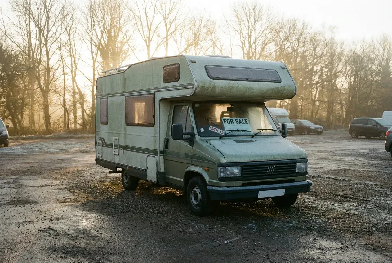 A used motorhome parked on a frosty forecourt in soft winter morning light on a quiet UK day.