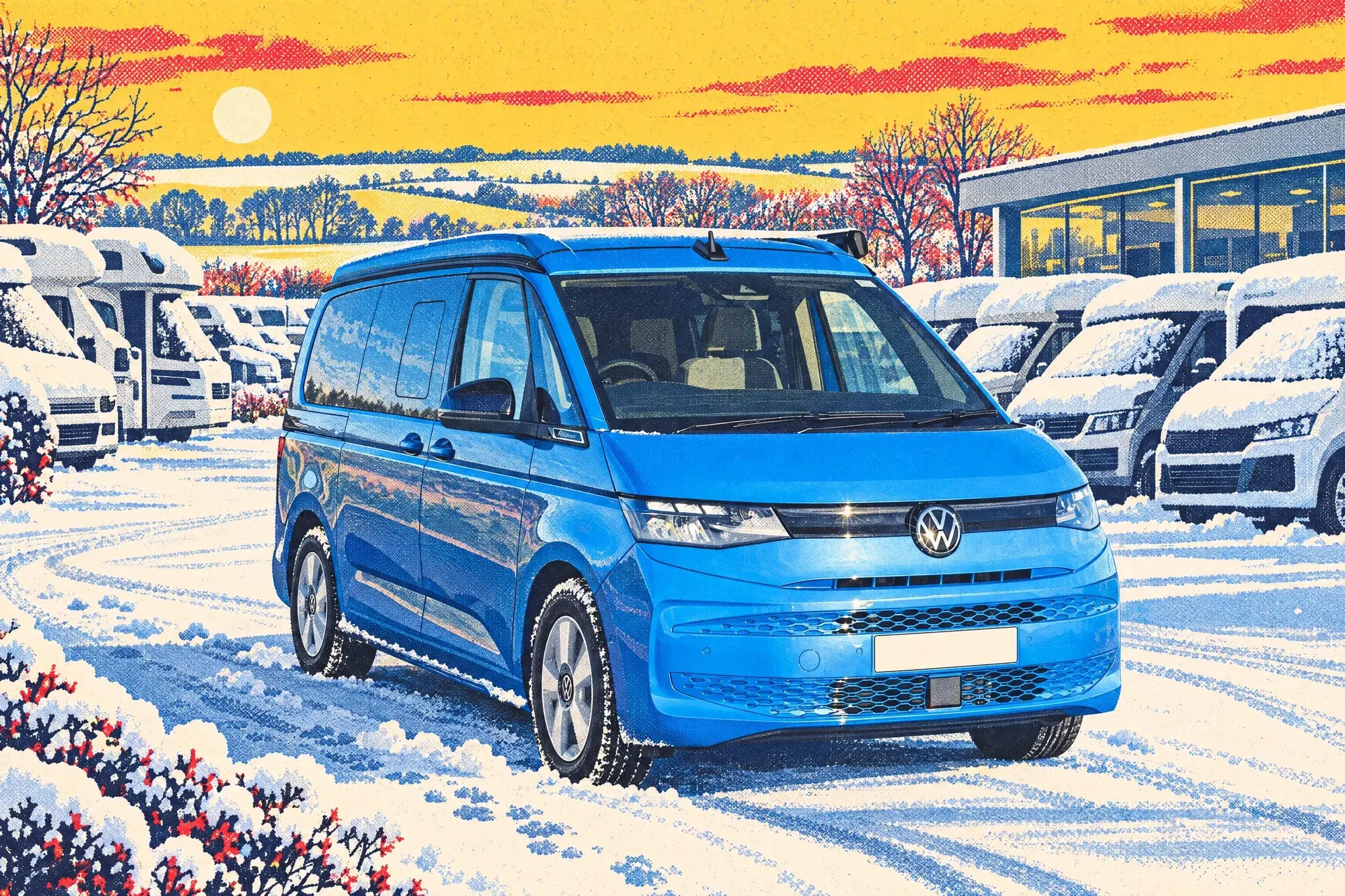 A VW California Ocean swept clear of snow at the end of a dealer's row of snow-capped unsold campervans and motorhomes on a bright, crisp January morning.