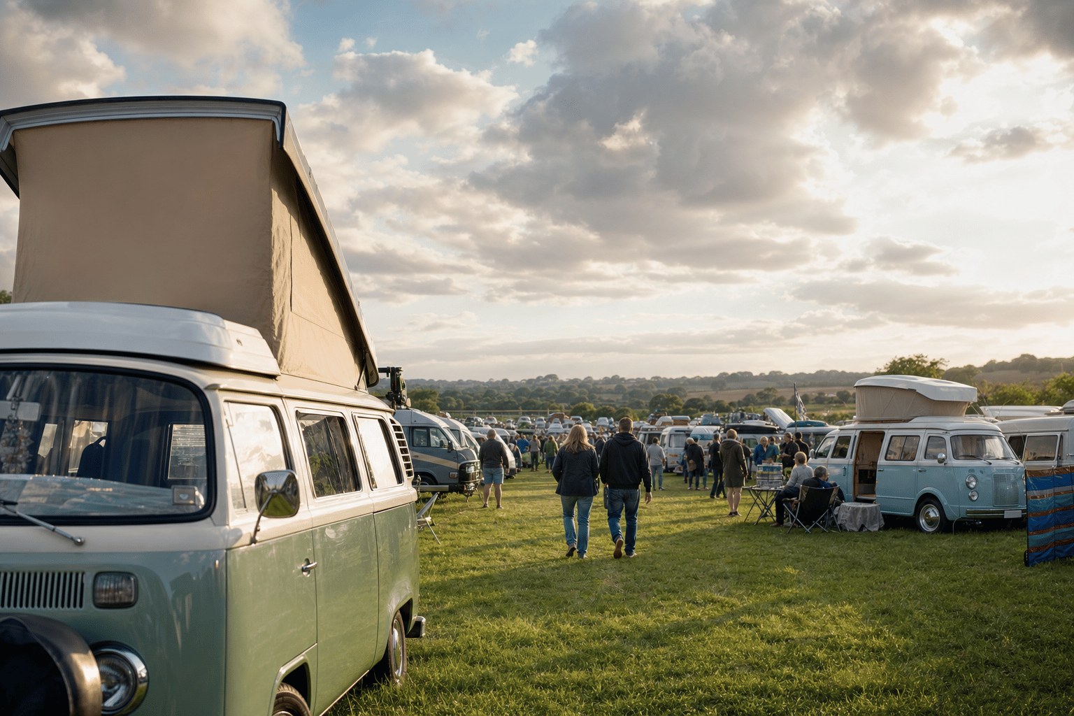 Rows of campervans and classic VWs parked across a grassy showground field as visitors walk between them under a wide summer sky.