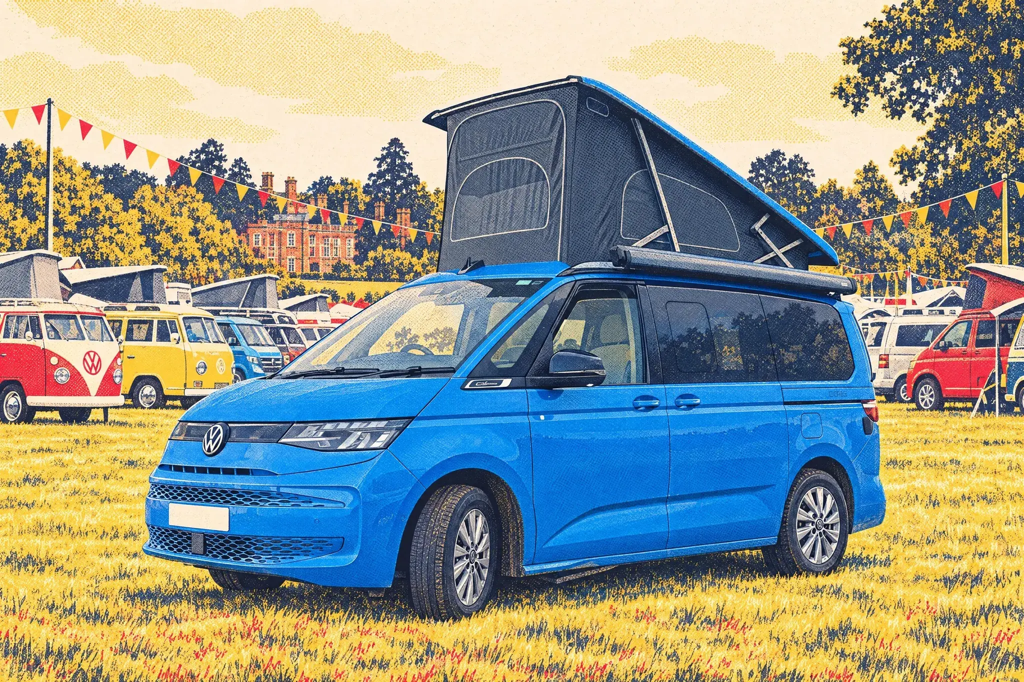 Illustration of a VW California Ocean with its pop-top raised in the camper field at CamperJam, Weston Park, with rows of VW campers and bunting stretching towards the red-brick hall.