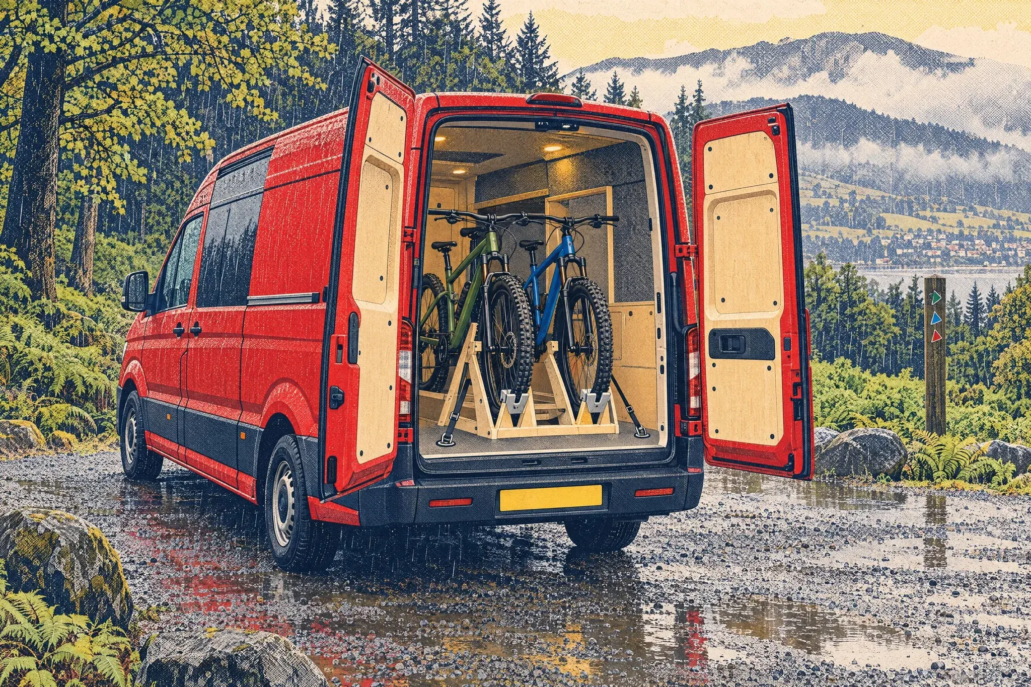Illustration of a VW Crafter campervan in a rainy forest car park at Kilbroney Park, rear doors open to show two mountain bikes held upright in a plywood BikeStow rack.