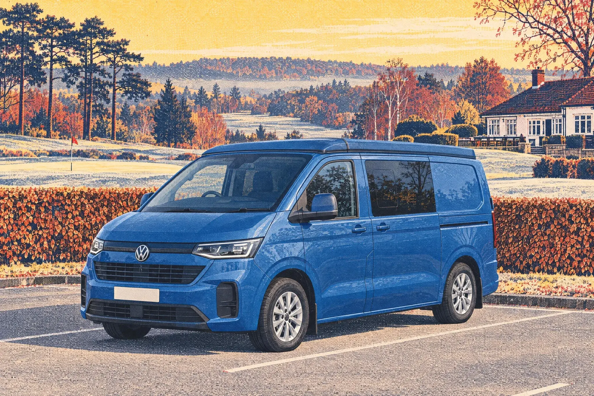 A Mid Blue metallic Bilbo's Celex campervan on the new VW T7 Transporter, roof lowered, parked at a frosty Surrey golf club on a clear late-autumn morning.