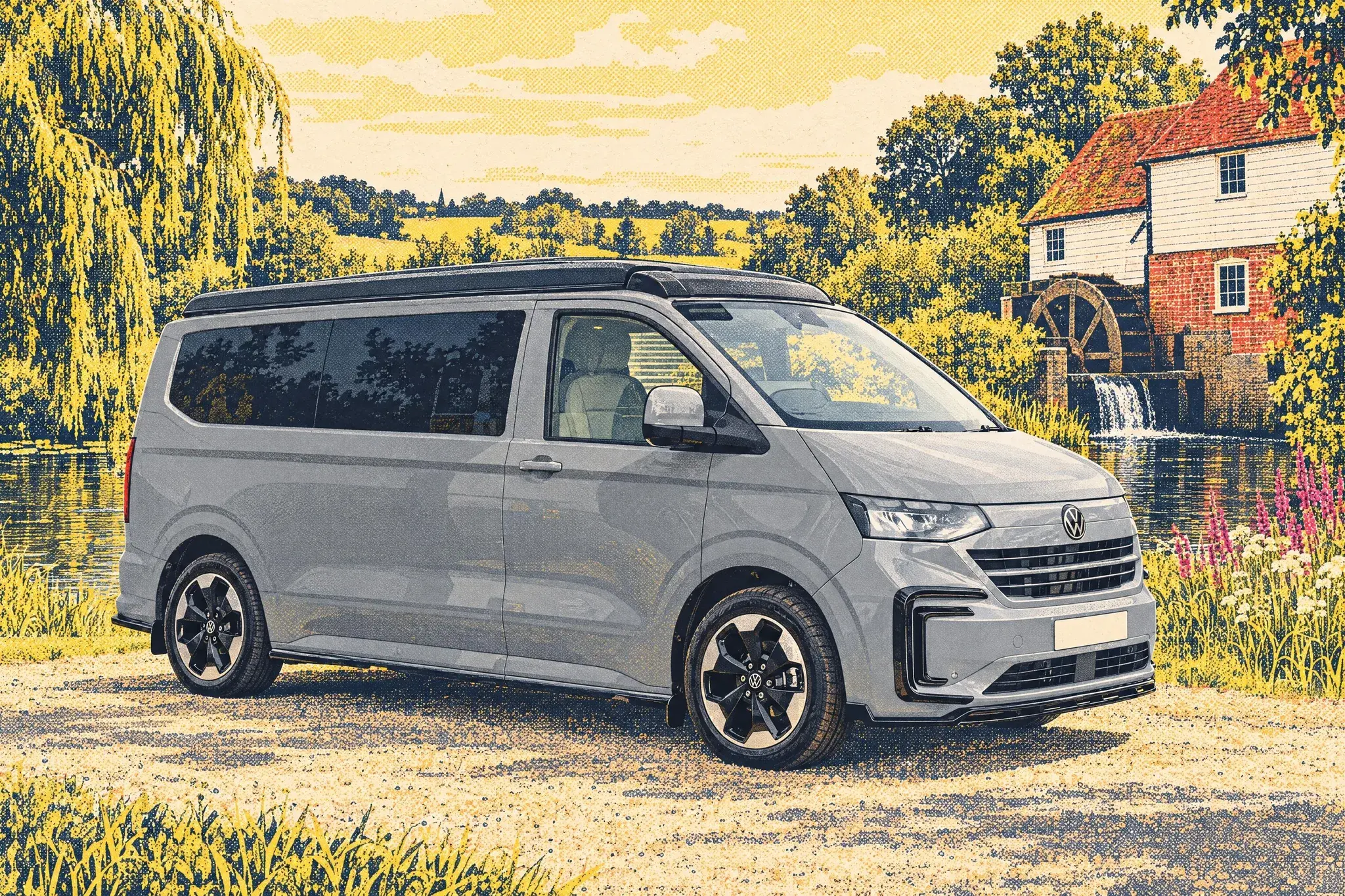 A Bilbo's Celex campervan on the new VW Transporter, roof lowered, parked beside an old weatherboarded watermill on a Surrey river on a summer morning.