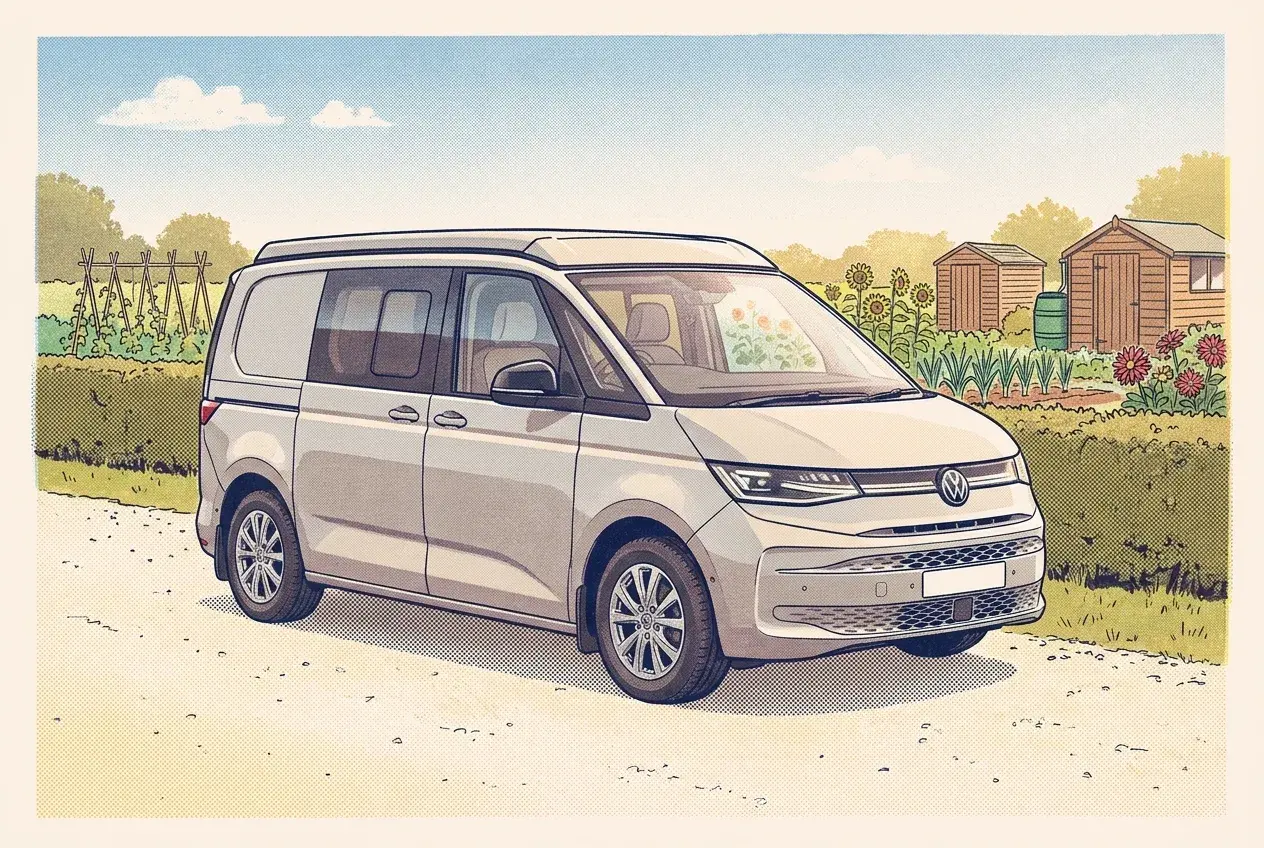 A light grey Bilbo's Nexa+ camper on the new VW Transporter T7, its Low-Lie roof closed, parked on a gravel track beside summer allotment plots and sheds.