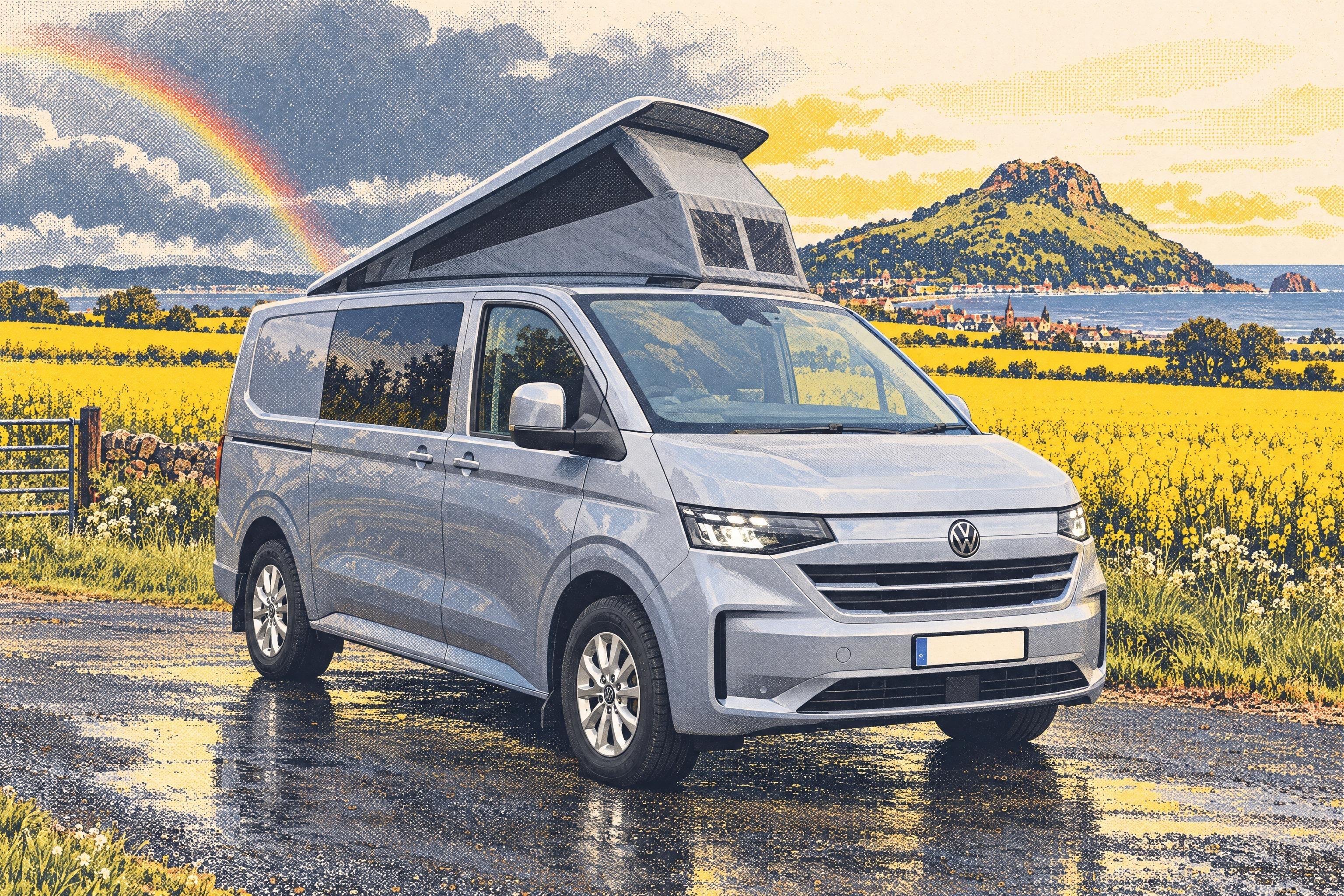 Illustration of a Bilbo's Nexa+ campervan on a VW Transporter T7 with its Low-Lie roof raised, beside a yellow rapeseed field below North Berwick Law after rain.