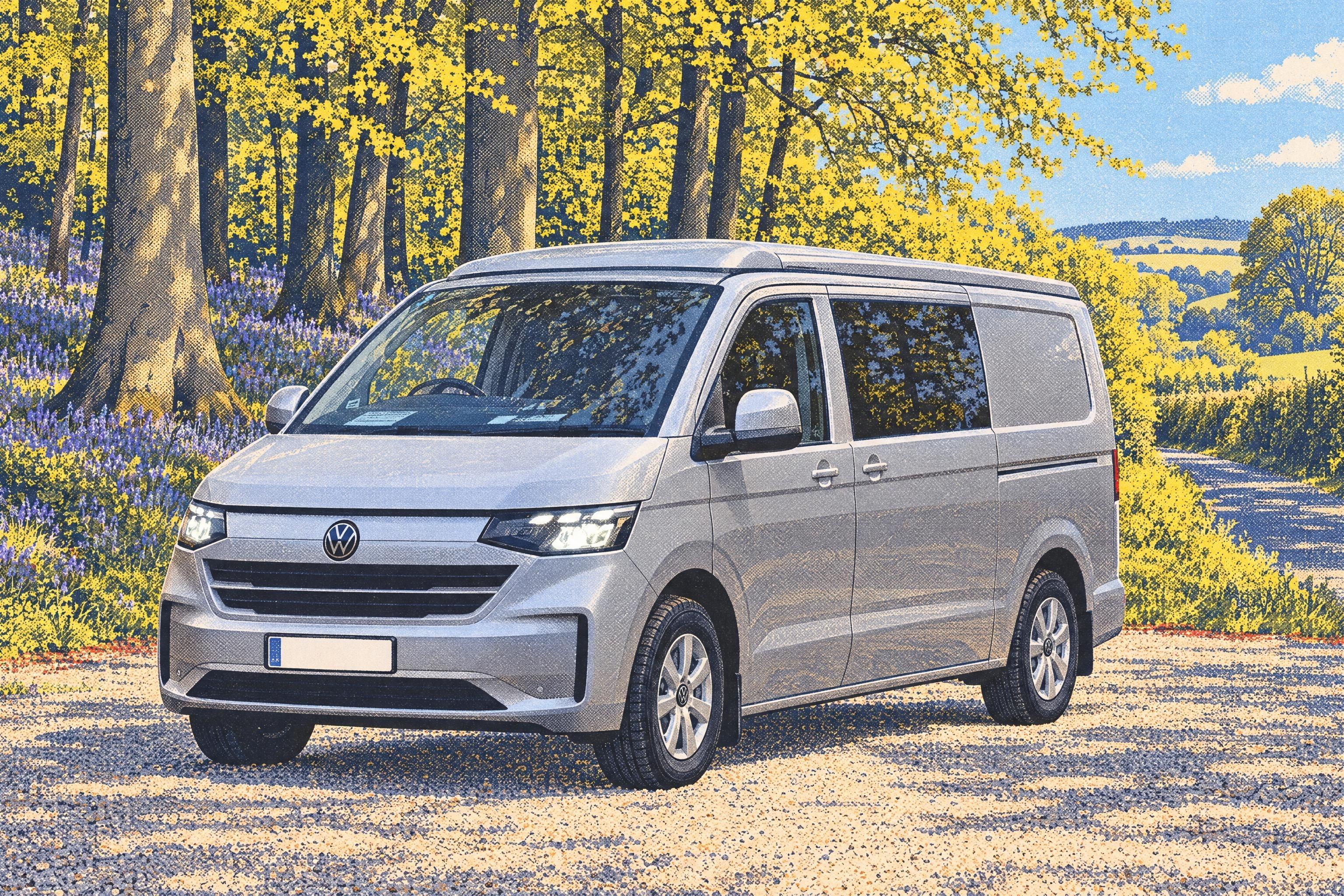 Illustration of a Bilbo's Nexa+ campervan on the new VW Transporter T7, its Low-Lie roof closed, parked beside a Chiltern beechwood carpeted with bluebells in spring.