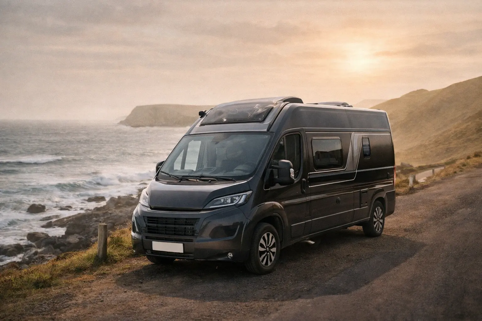 Black campervan parked on coastal road with ocean cliffs and beach visible in background.