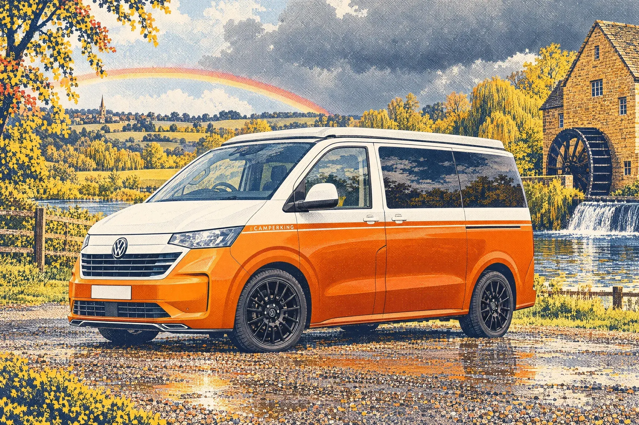 Illustration of a CamperKing T7 Go! VW Transporter campervan beside an old ironstone watermill near Banbury on a showery October day, with a rainbow beyond.