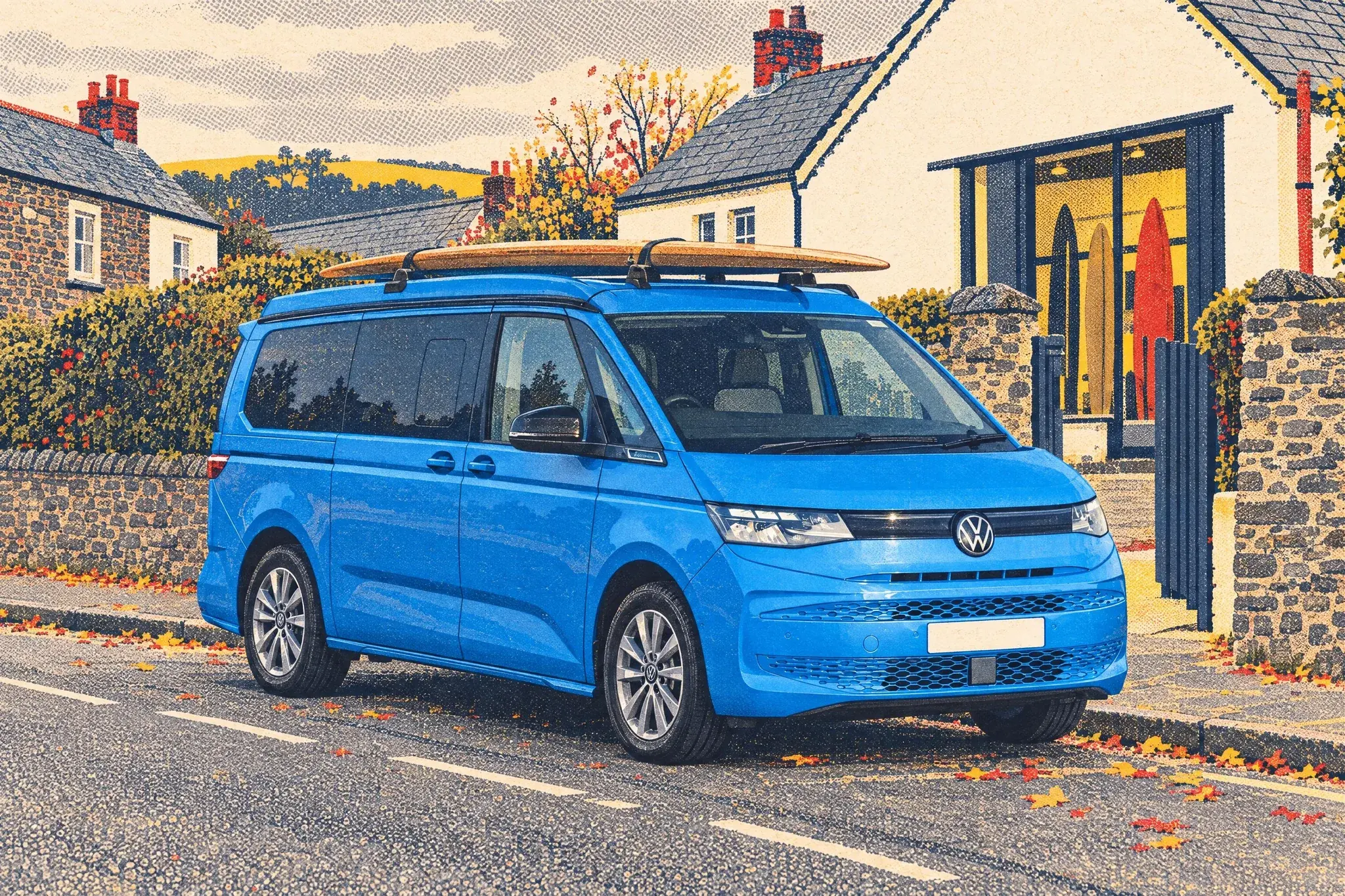 Illustration of a VW California campervan with a vintage wooden plank surfboard on its roof, parked outside the Museum of British Surfing in Braunton on a grey, windy October day.