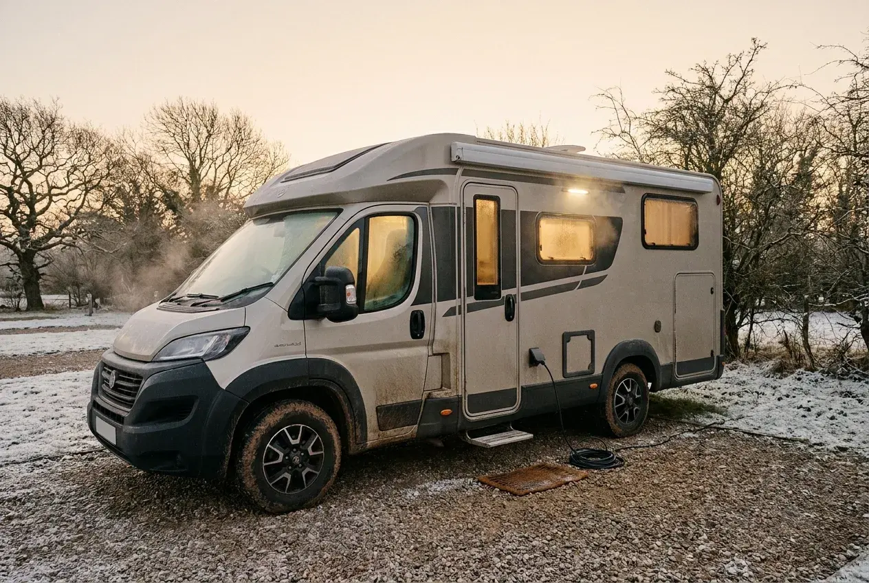 A modern motorhome parked on a frosty winter campsite at golden hour with warm light glowing from its windows.