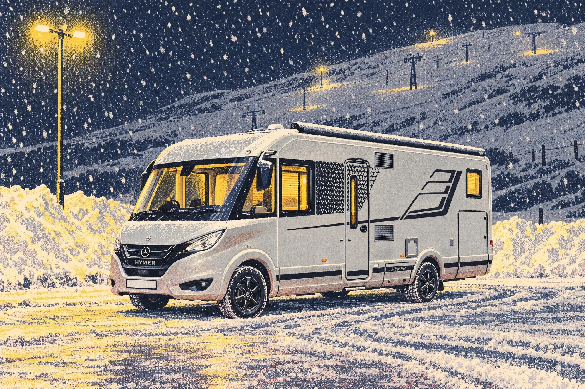 Illustration of a Hymer B-Class MasterLine T 780 motorhome parked at night in falling snow at Glenshee Ski Centre, its windows glowing warm and an antenna dome on its roof.