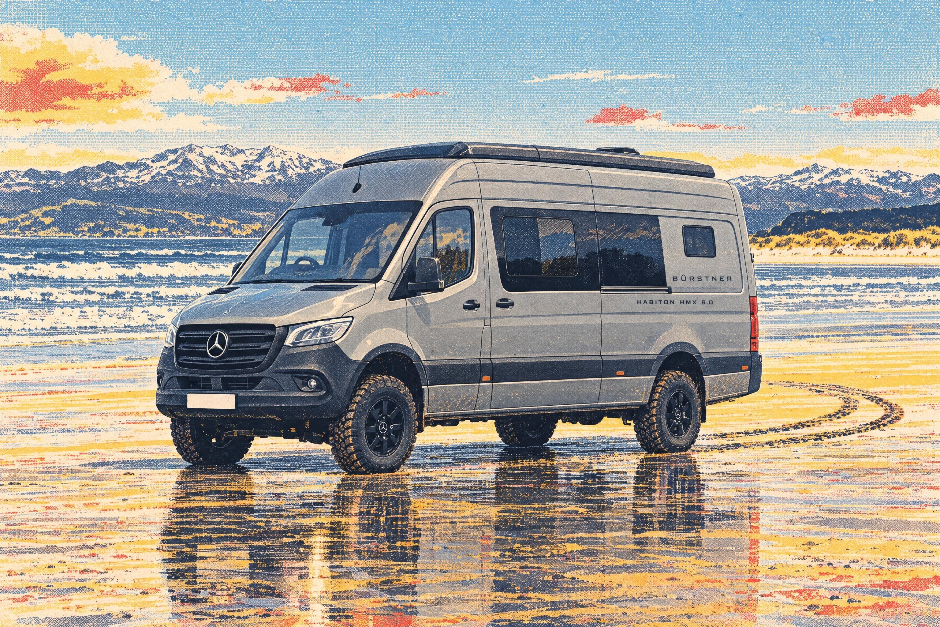 Illustration of a Bürstner Habiton HMX 6.0 4x4 campervan on a Mercedes-Benz Sprinter, standing on the wet sand of Black Rock Sands, Gwynedd, with snow-streaked mountains beyond.