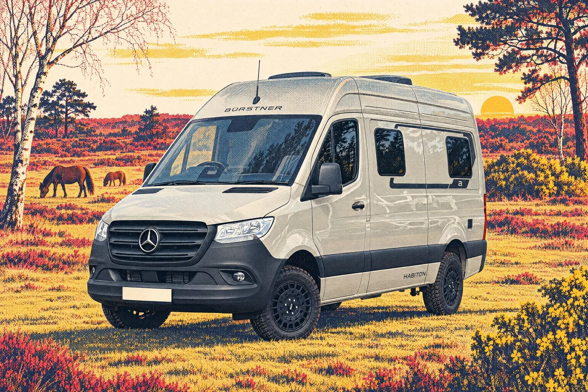 Illustration of a cream 2027 Bürstner Habiton HM 6.1 campervan on a Mercedes-Benz Sprinter base parked on heathland at sunset, with grazing ponies, birch trees and yellow gorse.