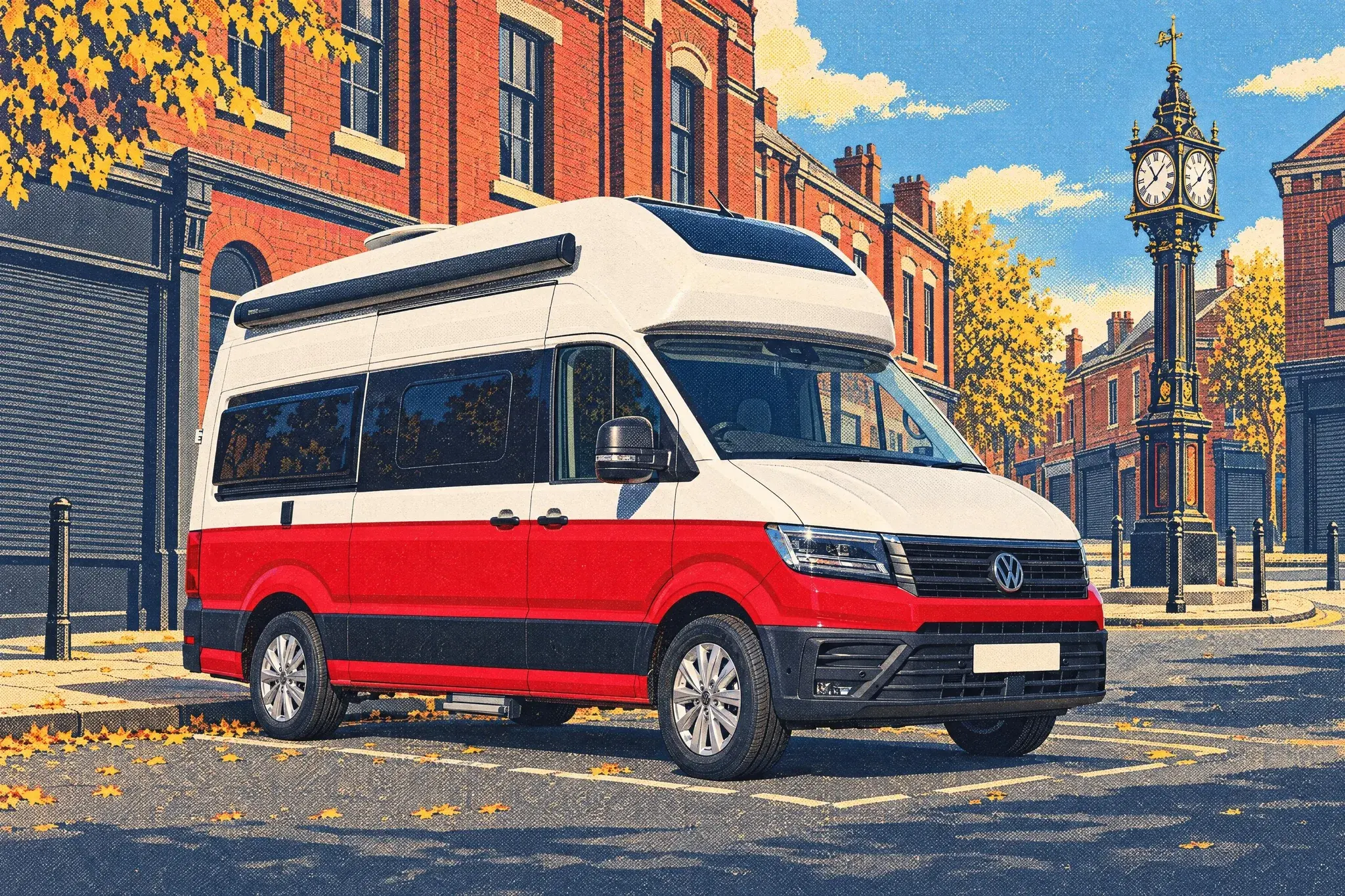 A VW Grand California 600 parked alone by the Chamberlain Clock in Birmingham's Jewellery Quarter on a quiet, sunny October afternoon.