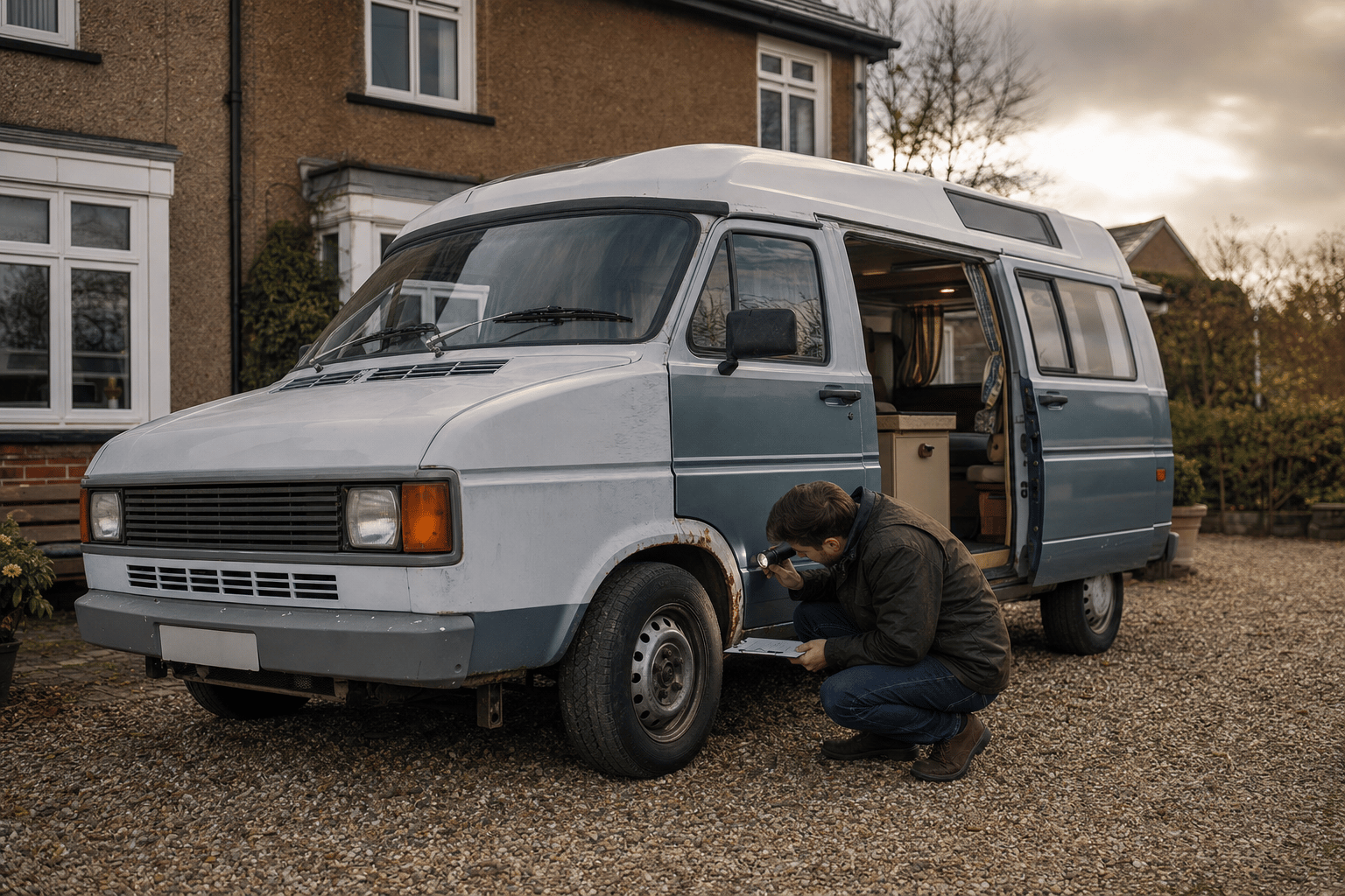 A person inspecting the wheel arch and side door of a used campervan parked on a driveway outside a British home in soft daylight.
