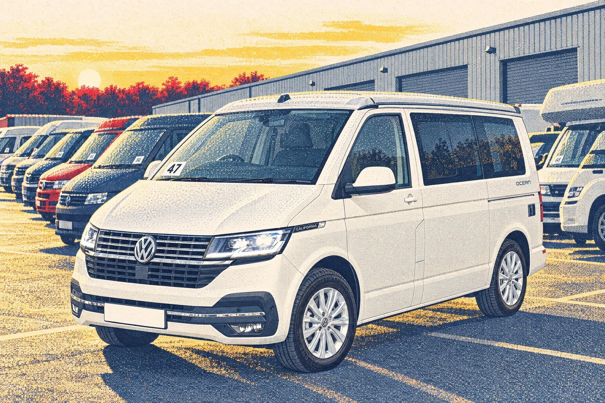 A used VW California Ocean campervan with a lot-number sticker on its dewy windscreen leads a row of used vans and motorhomes outside an auction hall on a bright September morning.