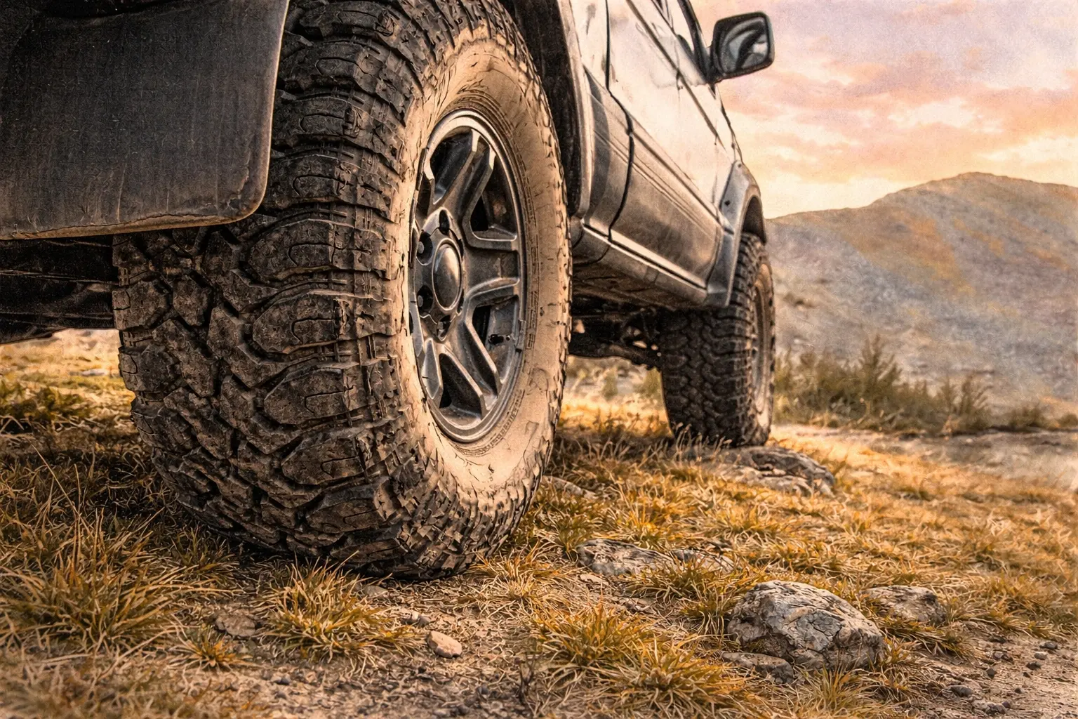 Muddy all-terrain tyres on a campervan parked on rocky desert ground with mountains in background.