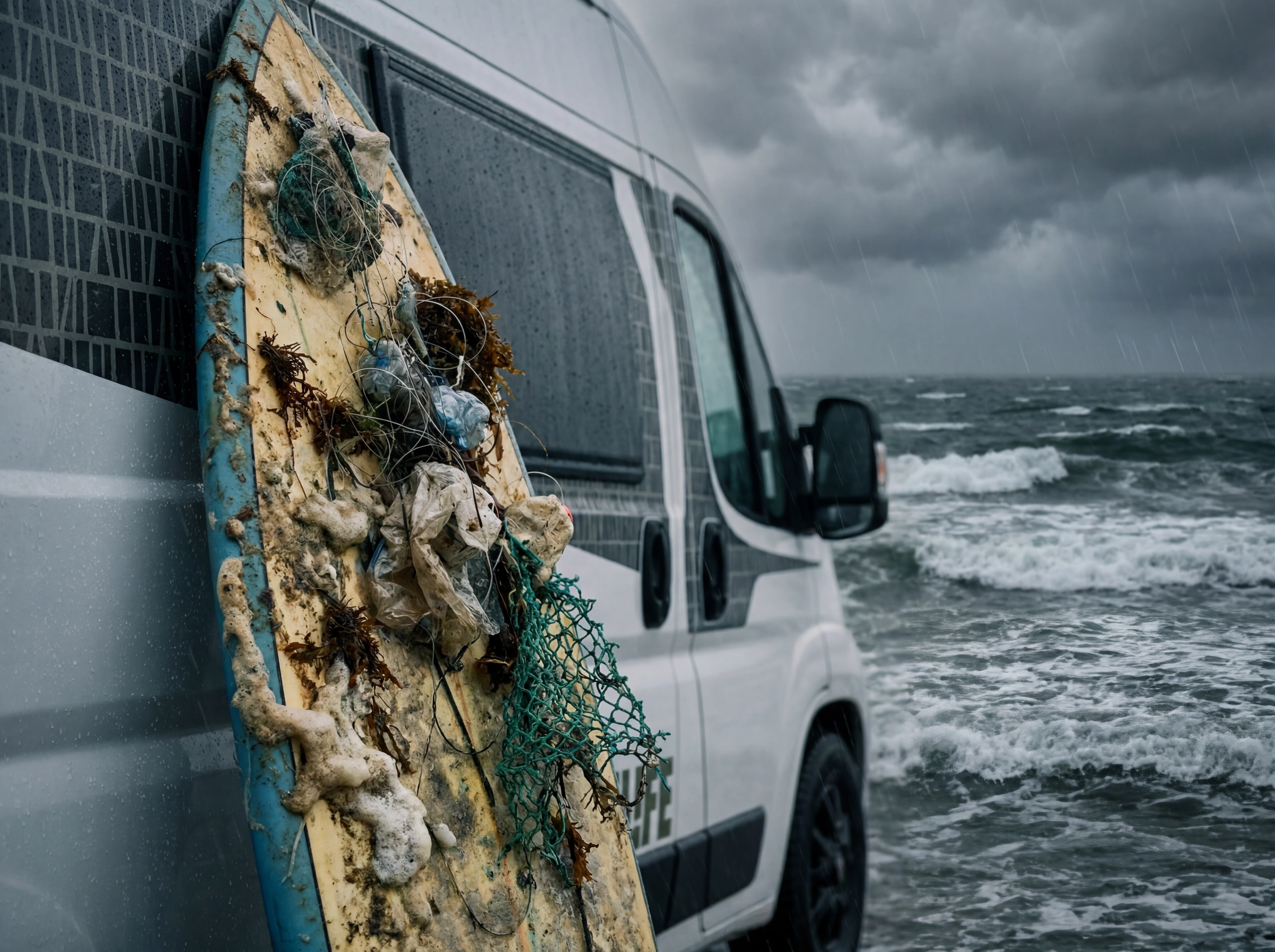 White campervan parked on beach with fishing buoy and net in foreground, stormy sea and grey sky behind.