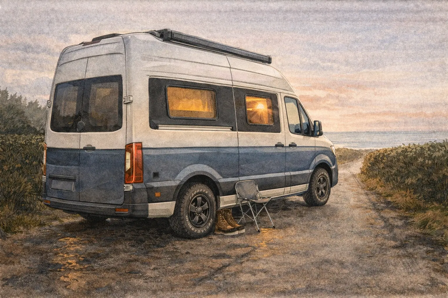 Campervan with cream and blue two-tone exterior parked on beach with camping chair, sunset and sea visible.