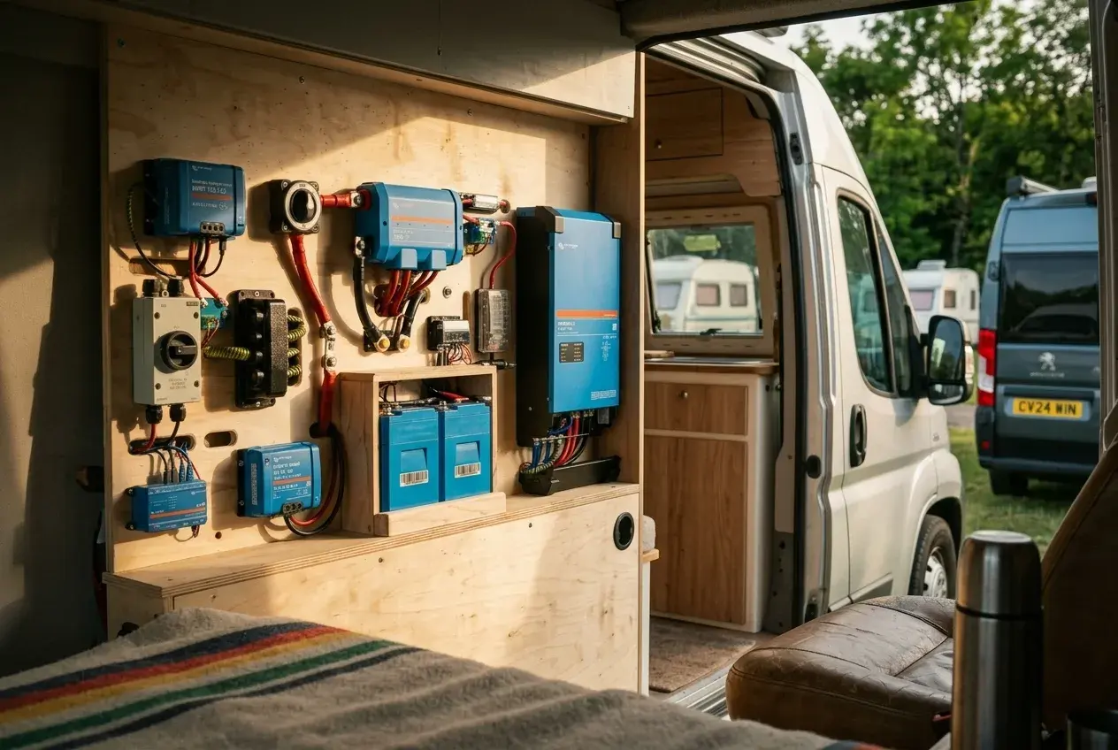 An open campervan electrical cabinet showing a lithium leisure battery, DC-DC charger, control display and inverter neatly wired on plywood, lit by warm daylight.