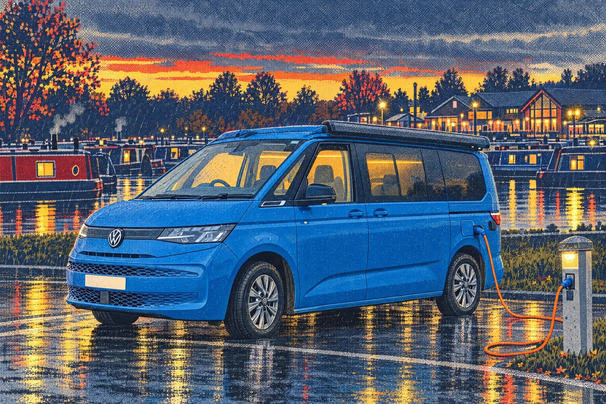 A VW California Ocean campervan on hook-up at Barton Marina at drizzly November dusk, its orange cable plugged into a glowing bollard, narrowboats moored behind.