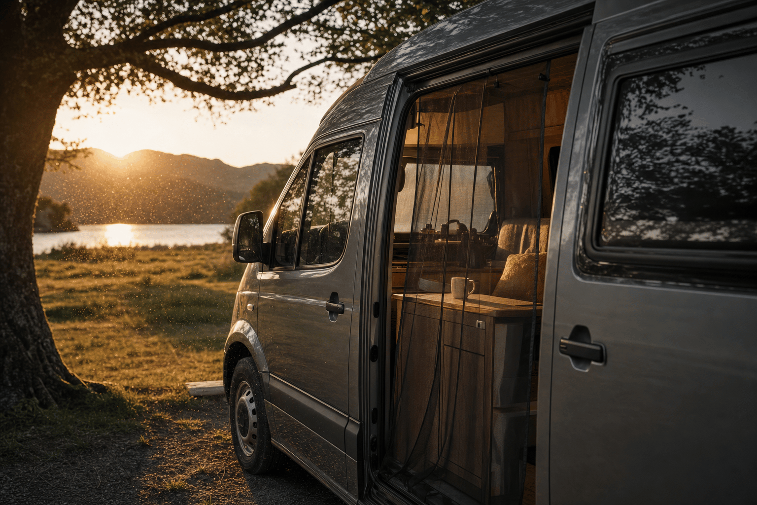 A campervan with its side door open and a mesh flyscreen fitted across the opening, parked on a campsite in warm evening light.