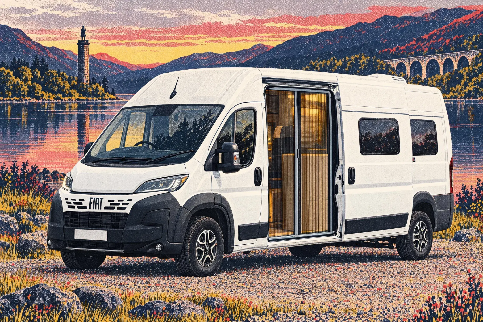 A Fiat Ducato campervan by a still Loch Shiel at dusk, a pleated flyscreen drawn across its open sliding door, the Glenfinnan Monument and viaduct beyond.