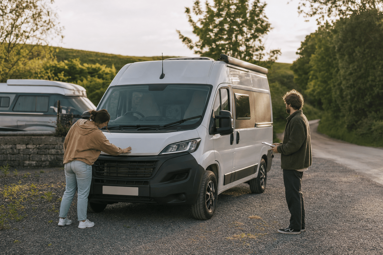 A couple inspecting a hire campervan on a rental forecourt in the British countryside, one holding keys and a checklist during a walkaround in soft evening light.