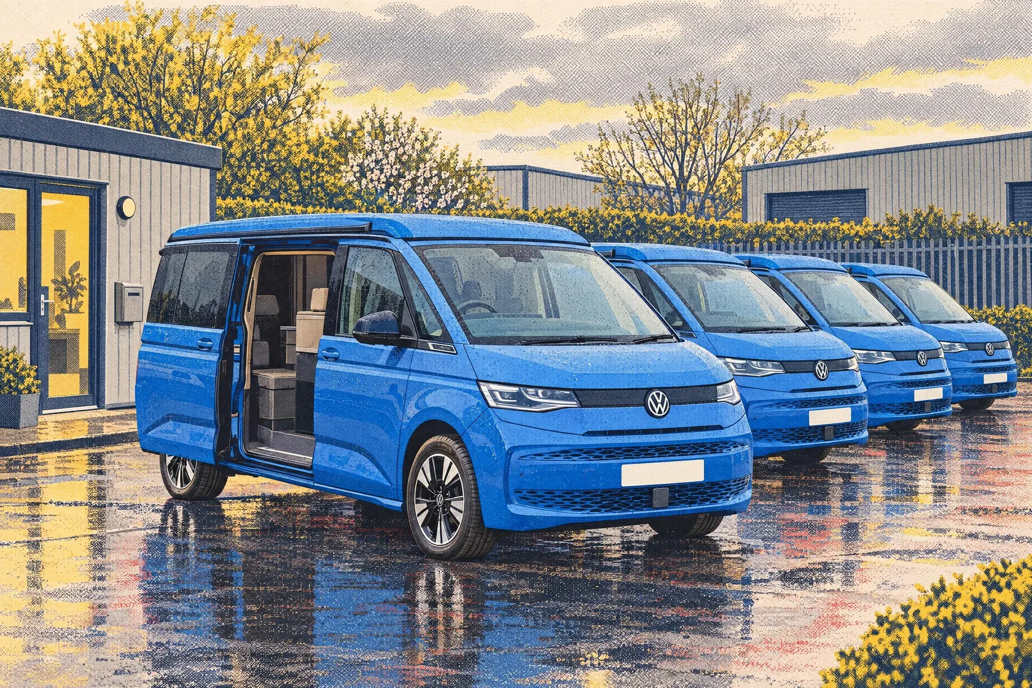 Illustration of a Volkswagen California campervan with its sliding door open, heading a row of matching hire vans in a wet depot yard on a drizzly April morning.