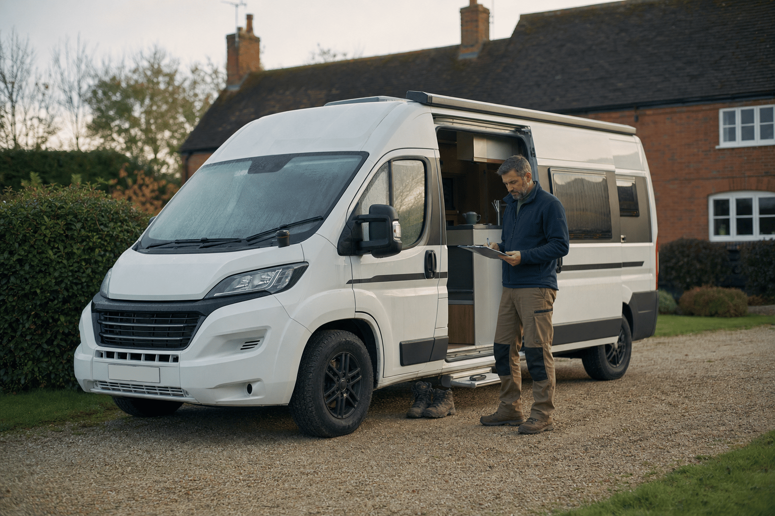 A campervan parked on a British driveway in morning light with its side door open and the owner standing beside it reading paperwork on a clipboard.