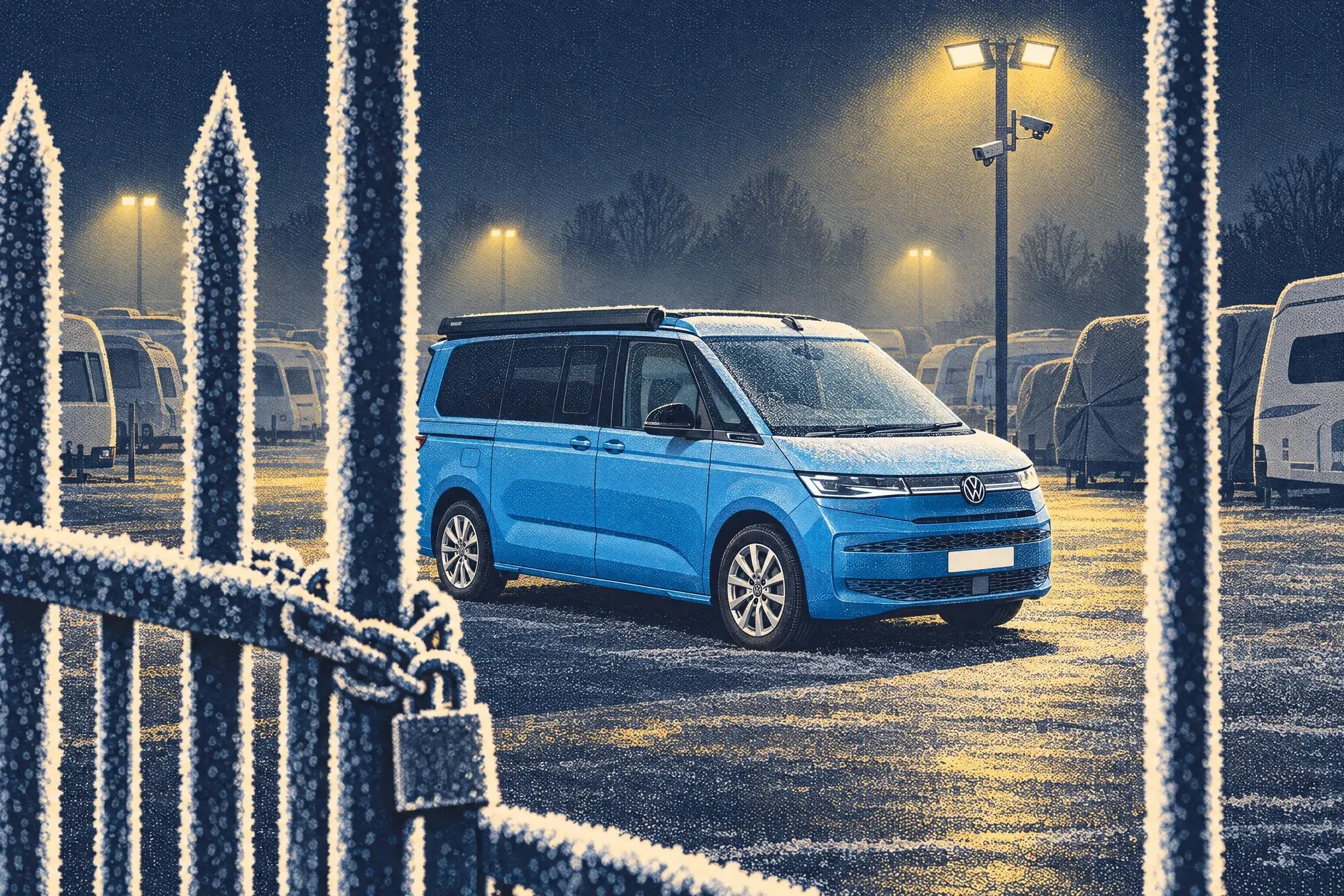 Illustration of a VW California campervan in its bay at a floodlit storage compound on a foggy February night, seen through a frosted, locked palisade gate.