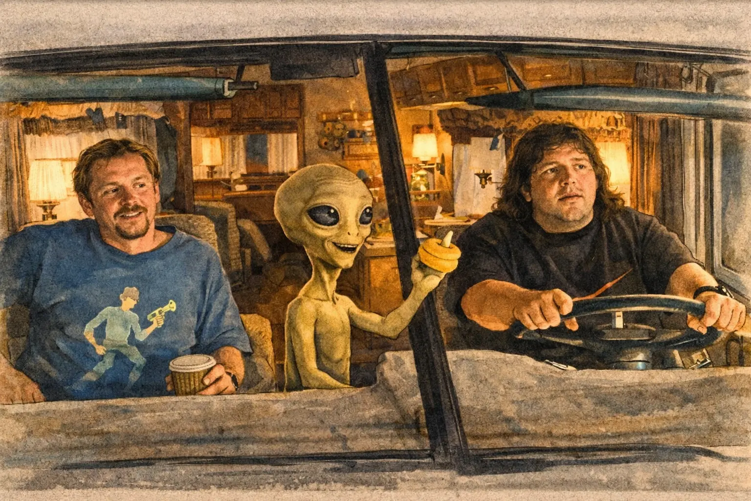 Two men and an alien figure visible through campervan windows, one driving, warm interior lighting.