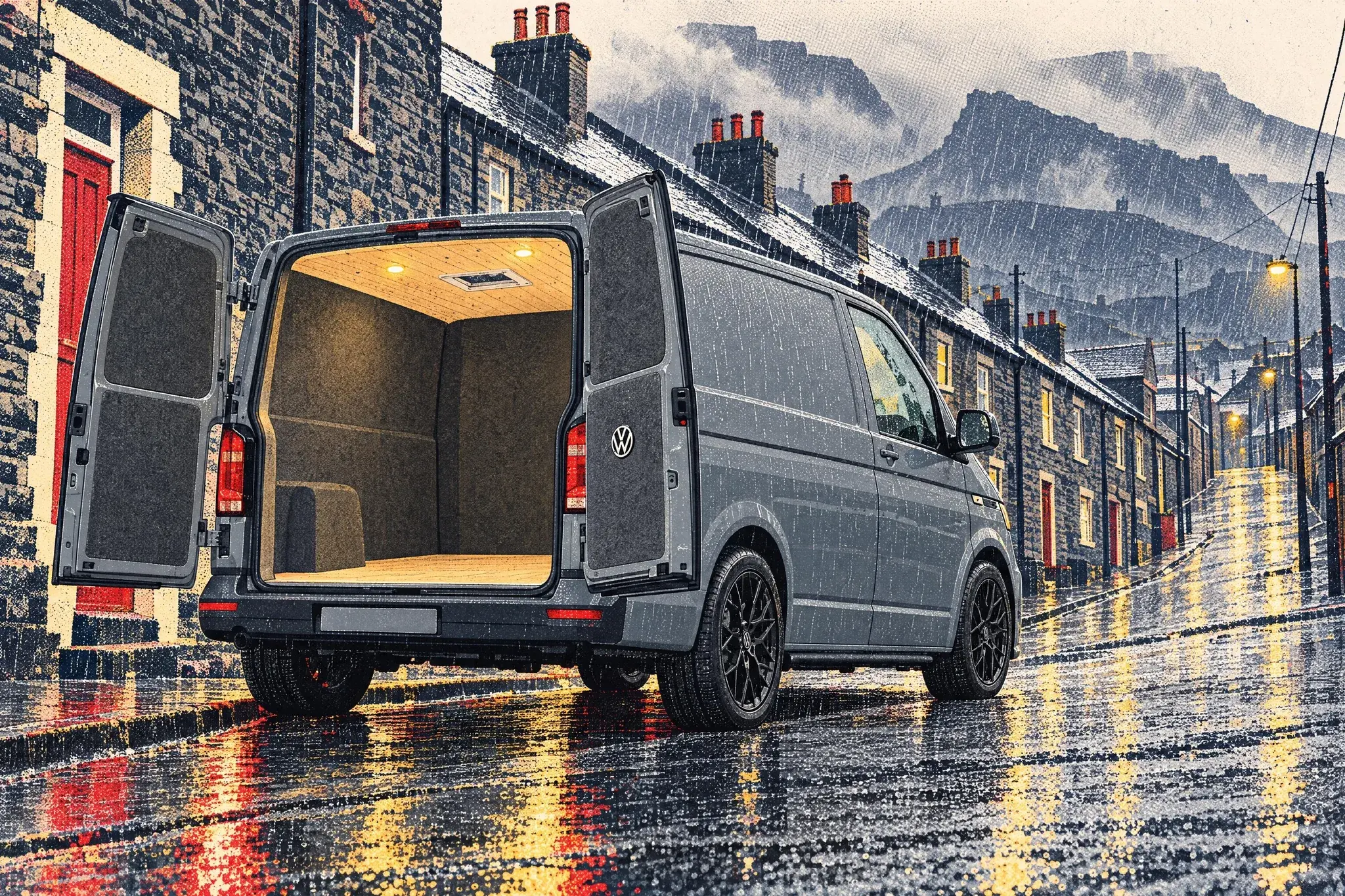 A VW Transporter T6.1 camper with its rear doors open on a wood-clad ceiling and charcoal felt walls, parked on a rain-soaked slate street in Blaenau Ffestiniog.