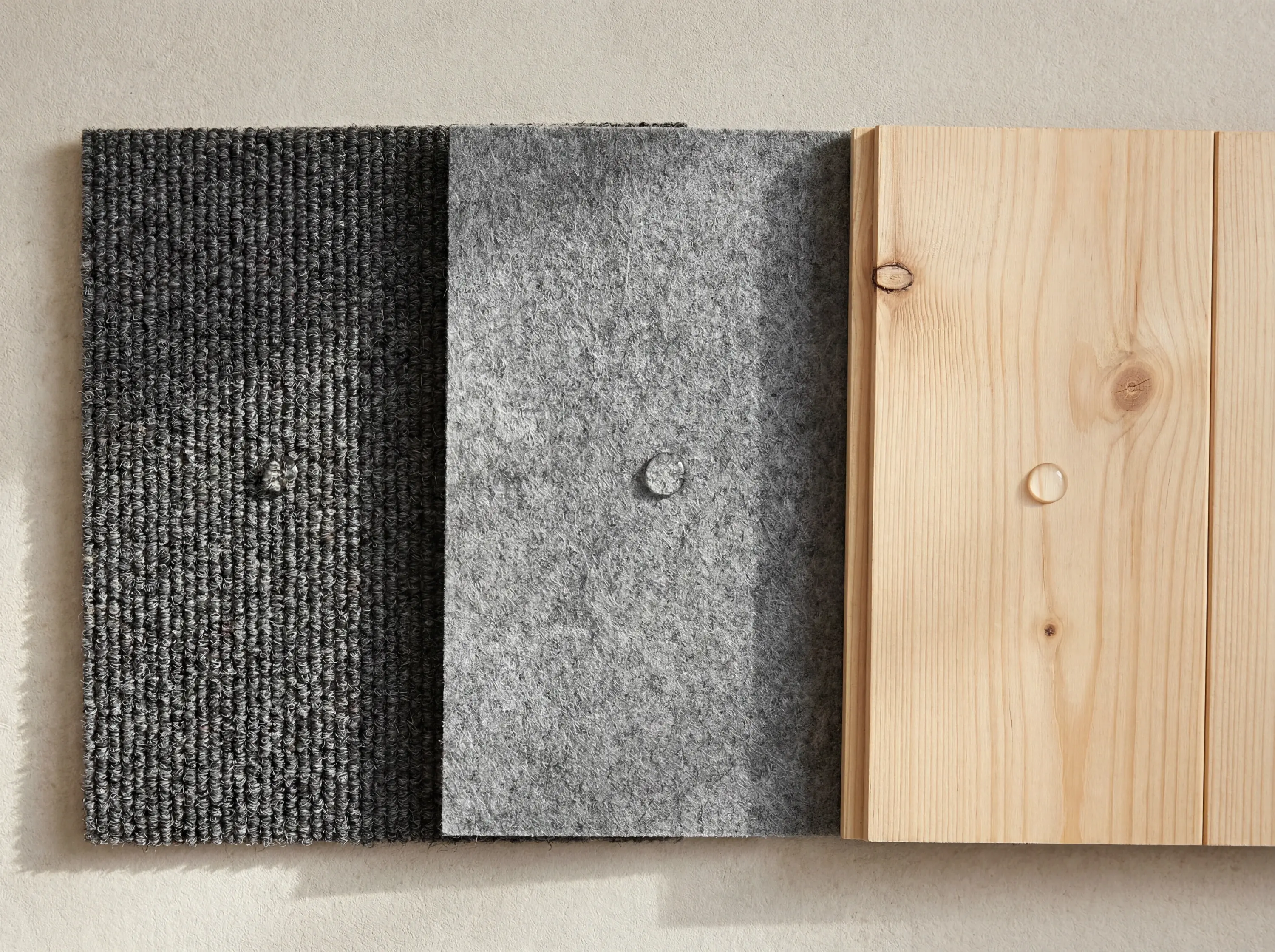 Three material samples displayed side by side: dark ribbed carpet, grey felt, and light pine wood with knots.