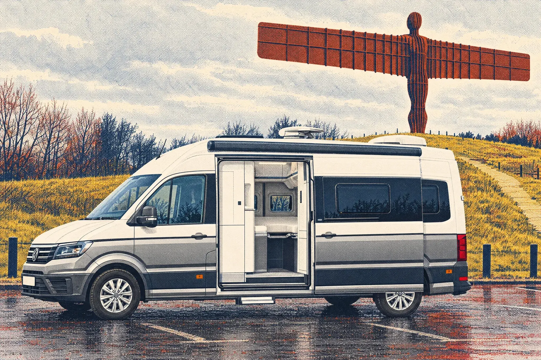 Illustration of a VW Grand California 680 high-roof campervan, sliding door open, parked broadside below the Angel of the North on a grey March afternoon.